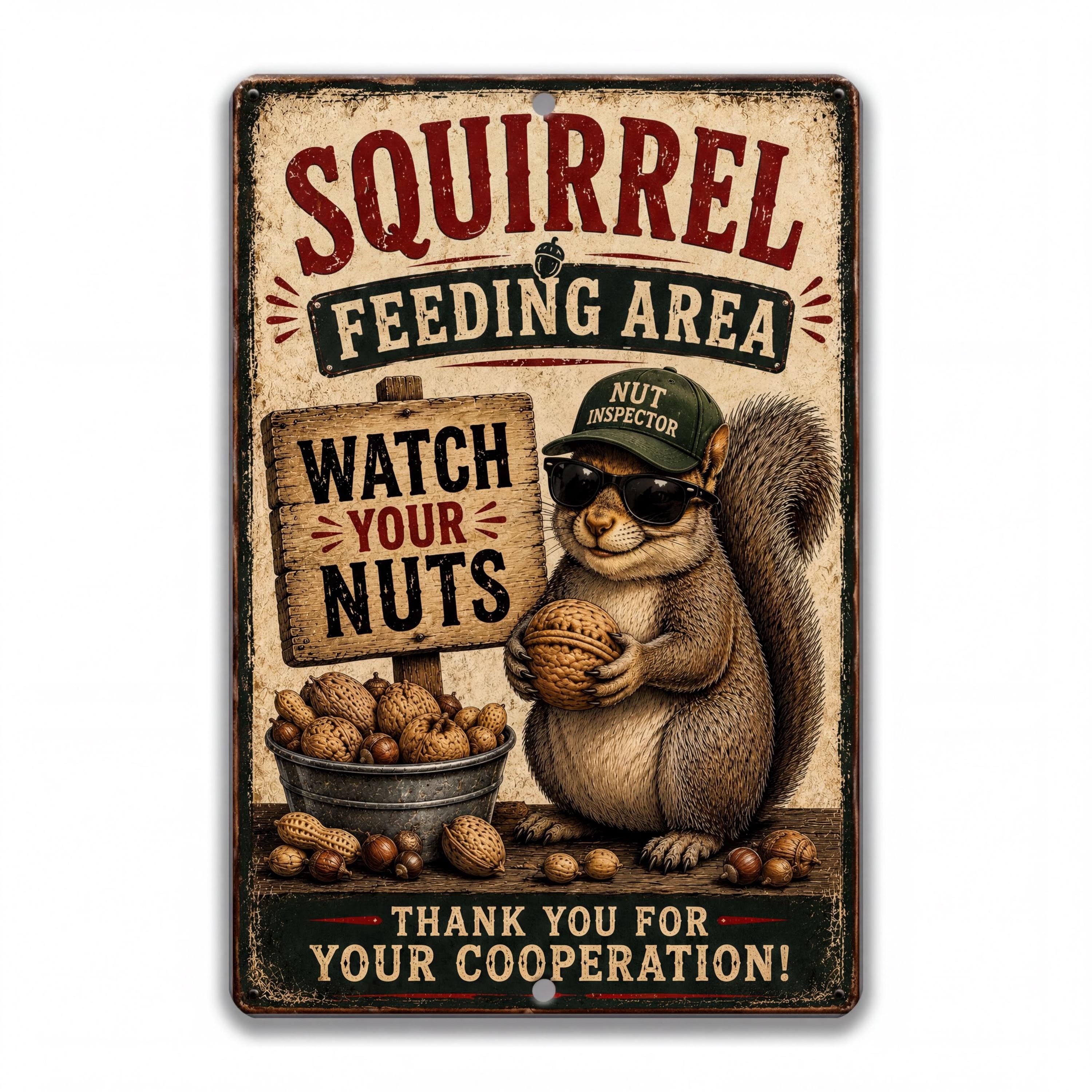 a squirrel wearing sunglasses and holding a sign that says "Watch Your Nuts", surrounded by nuts and a sign that says "Squirrel Feeding Area".