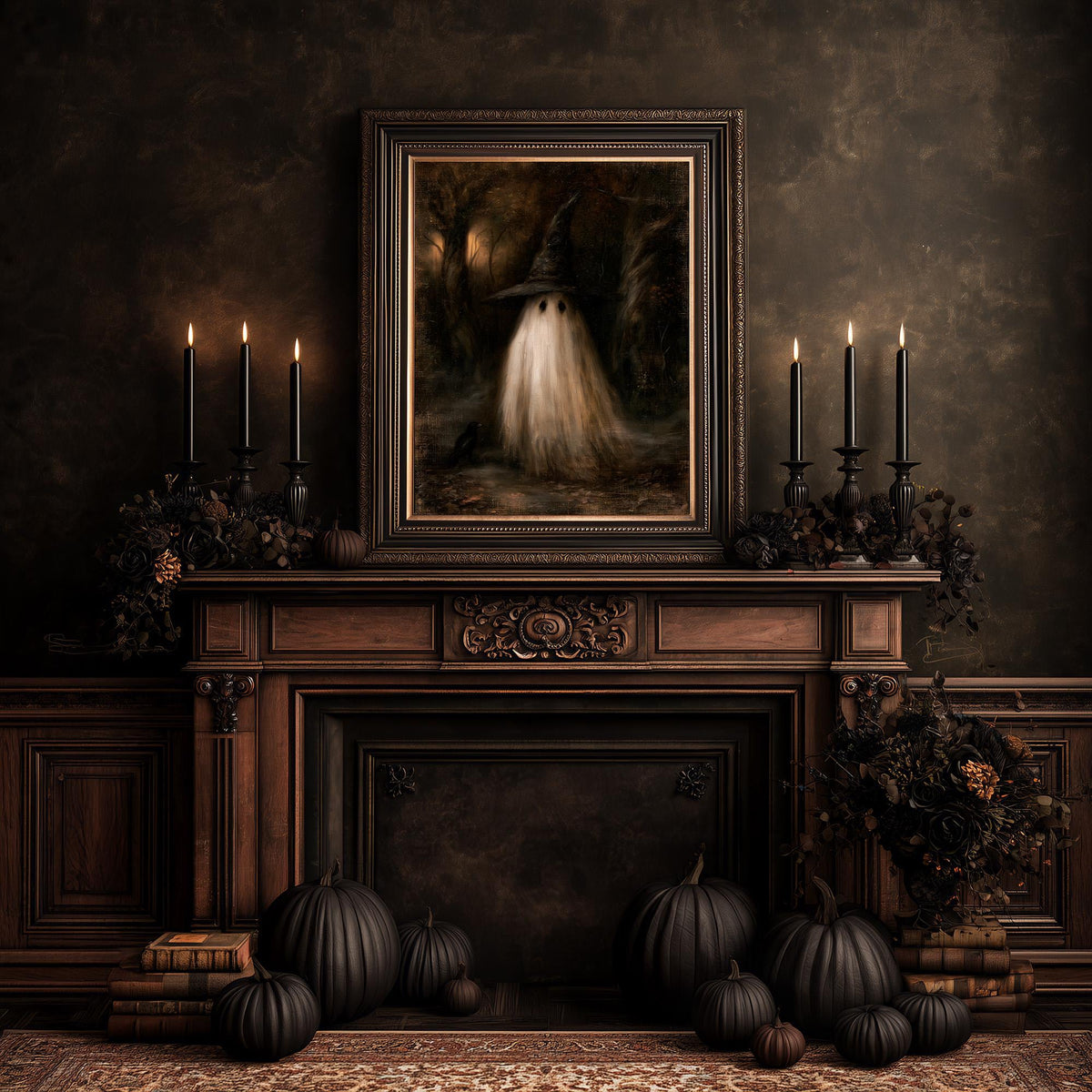 Gothic fireplace dressed with pumpkins and candles under the ghost witch print