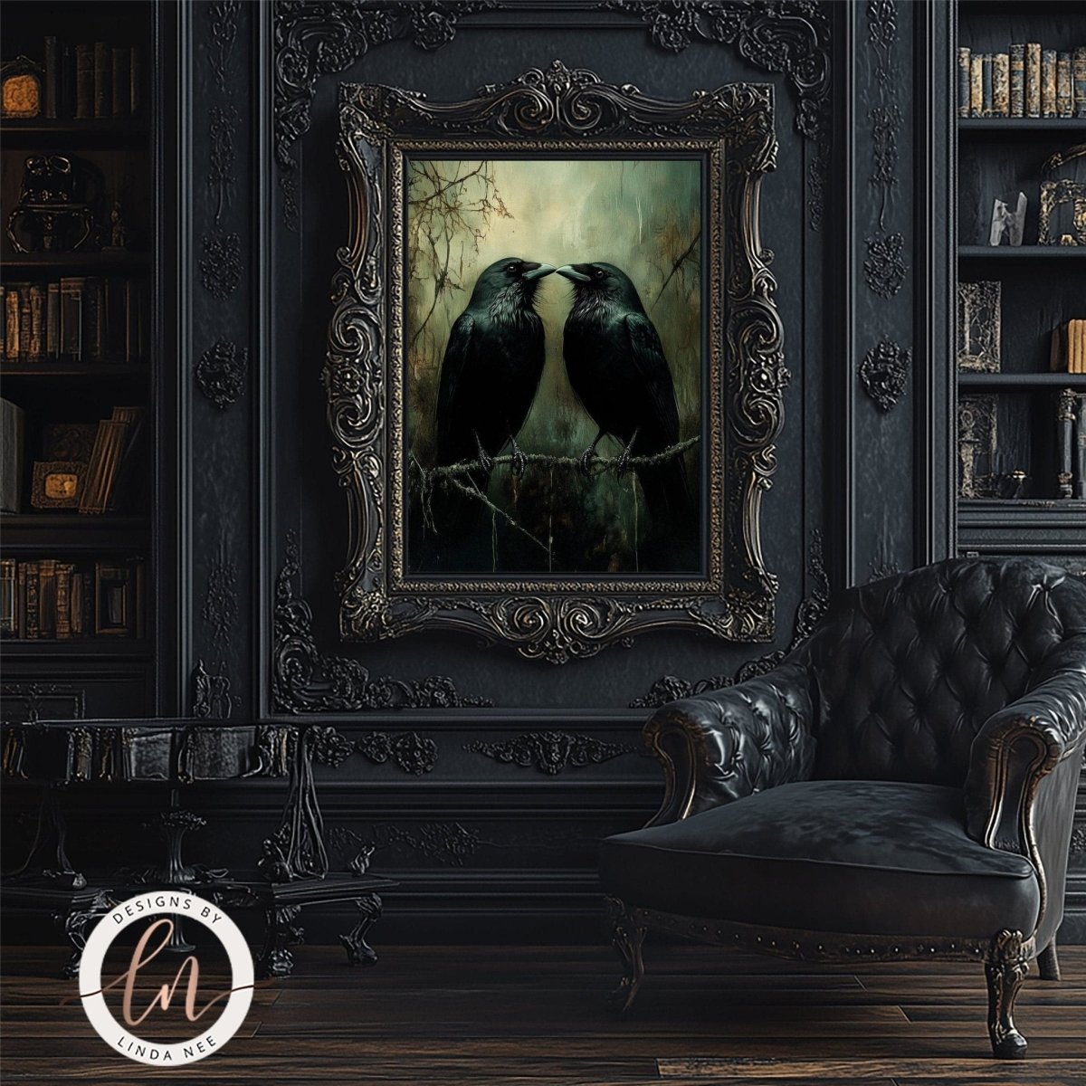 a dark, ornate room with a large, ornate mirror on the wall, a black leather armchair, and a framed painting of two black birds perched on a branch.