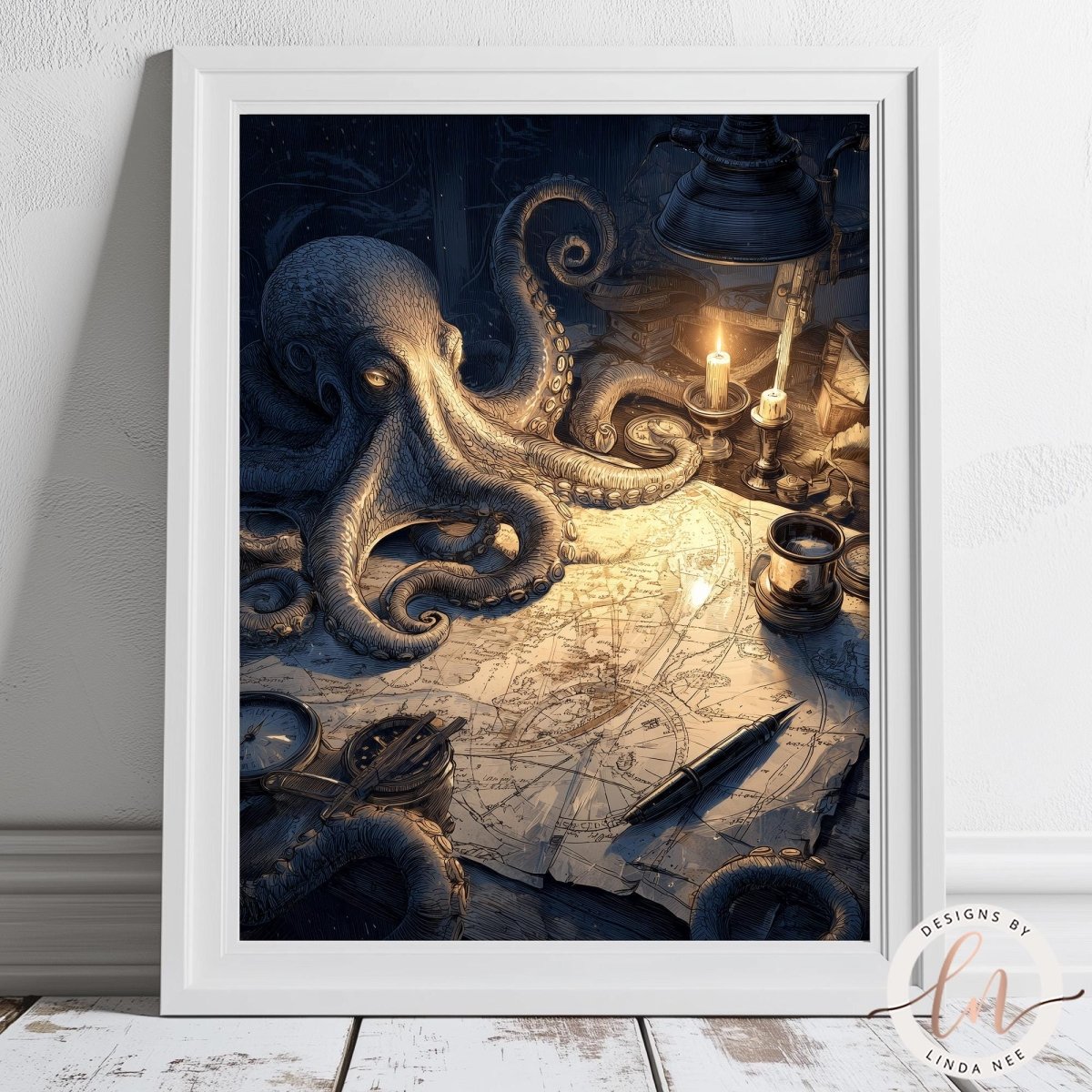 The image is a framed artwork depicting an octopus with tentacles spread out, surrounded by various objects such as a map, a lantern, and a compass.