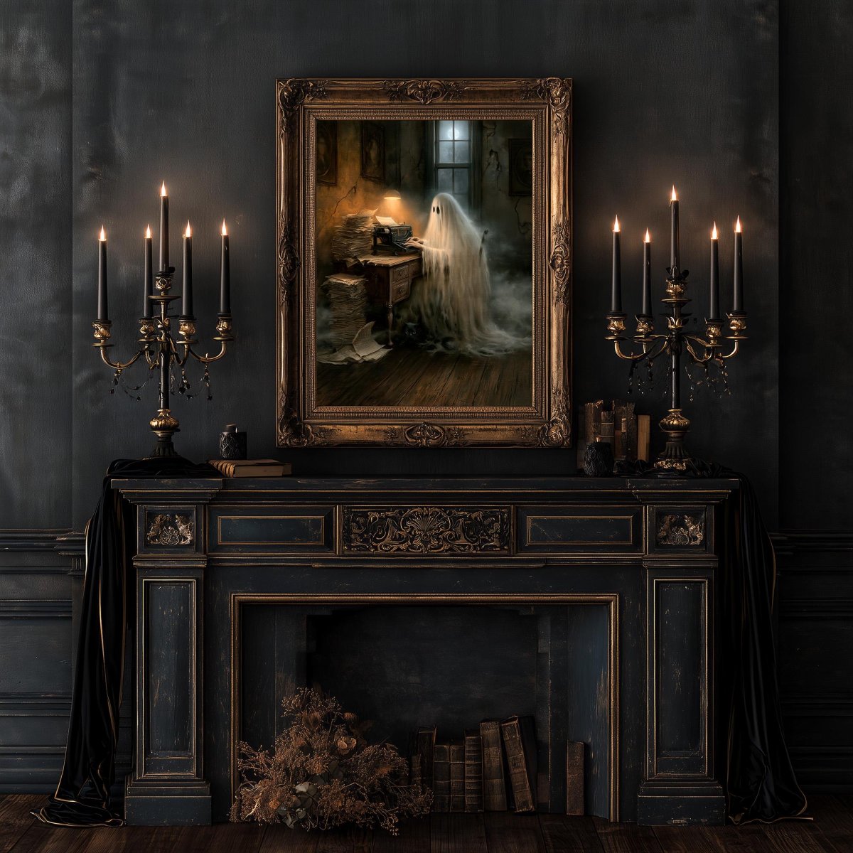 Ghost writer art print above a fireplace between two candelabras