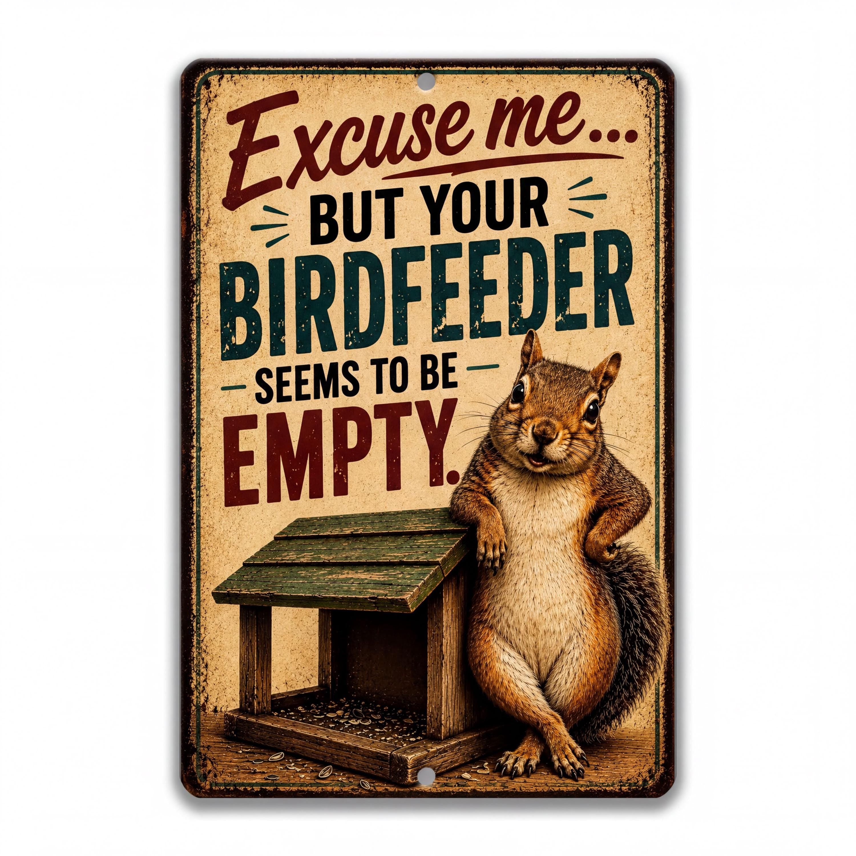 a squirrel standing next to a bird feeder, with the text "Excise me... BUT YOUR BIRDFEEDER SEEMS TO BE EMPTY."