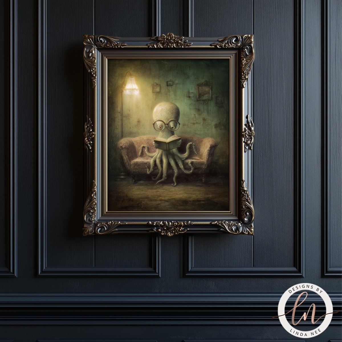 The image is a painting of an octopus sitting on a couch and reading a book.