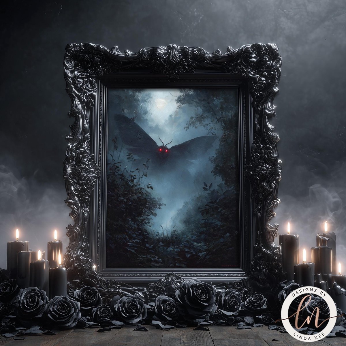 Winged creature with glowing red eyes surrounded by candles and black roses