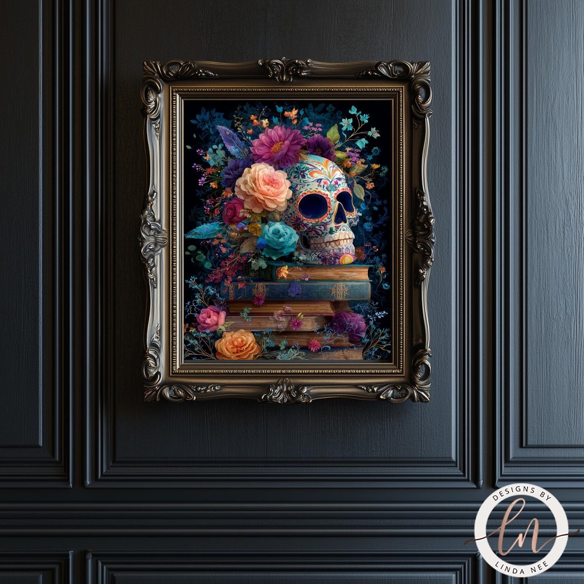 a framed artwork depicting a skull surrounded by a vibrant array of colorful flowers and foliage, with a stack of books beneath it.