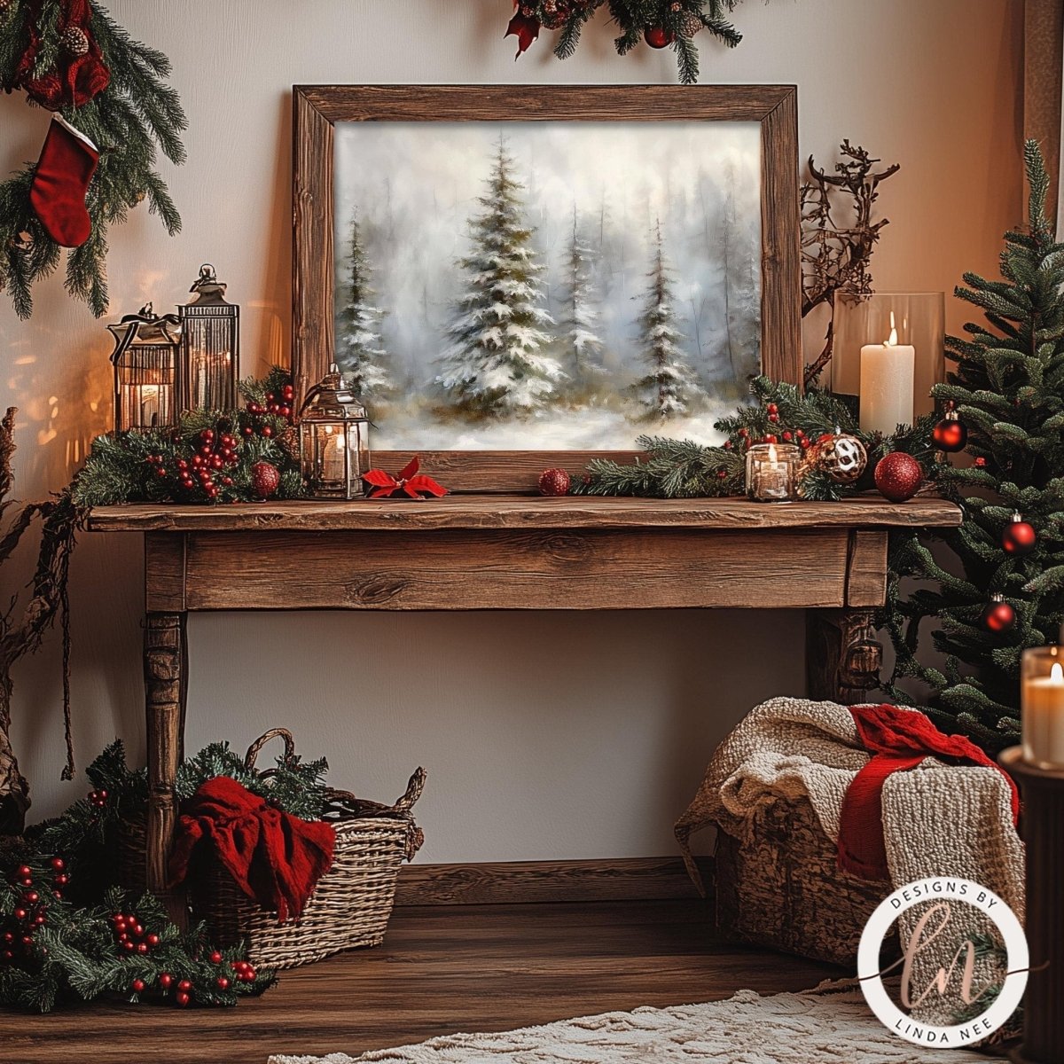 Snowy pine forest artwork displayed with a lit candle, garland and ornaments