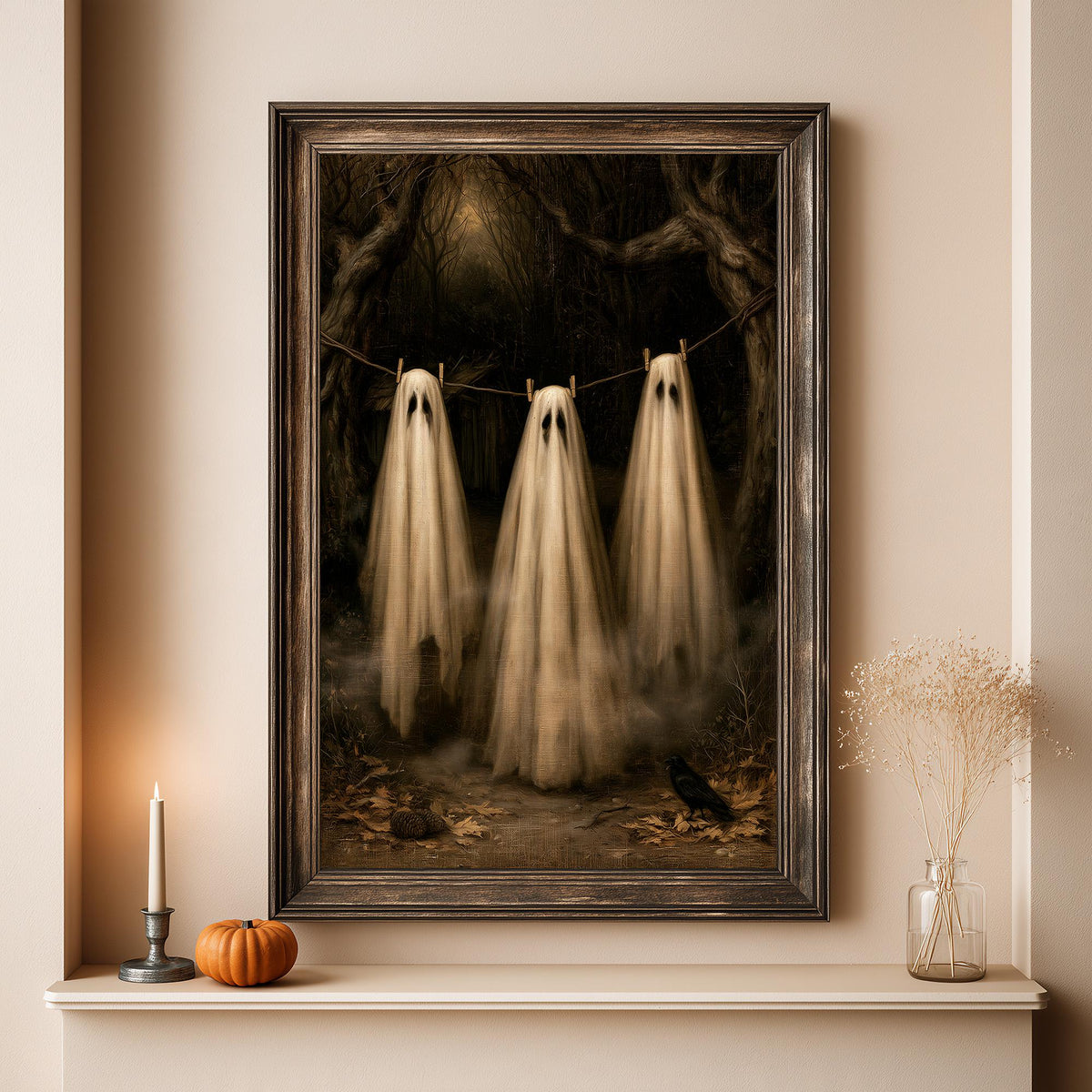 Ghost print above a shelf holding a single candle and a small pumpkin
