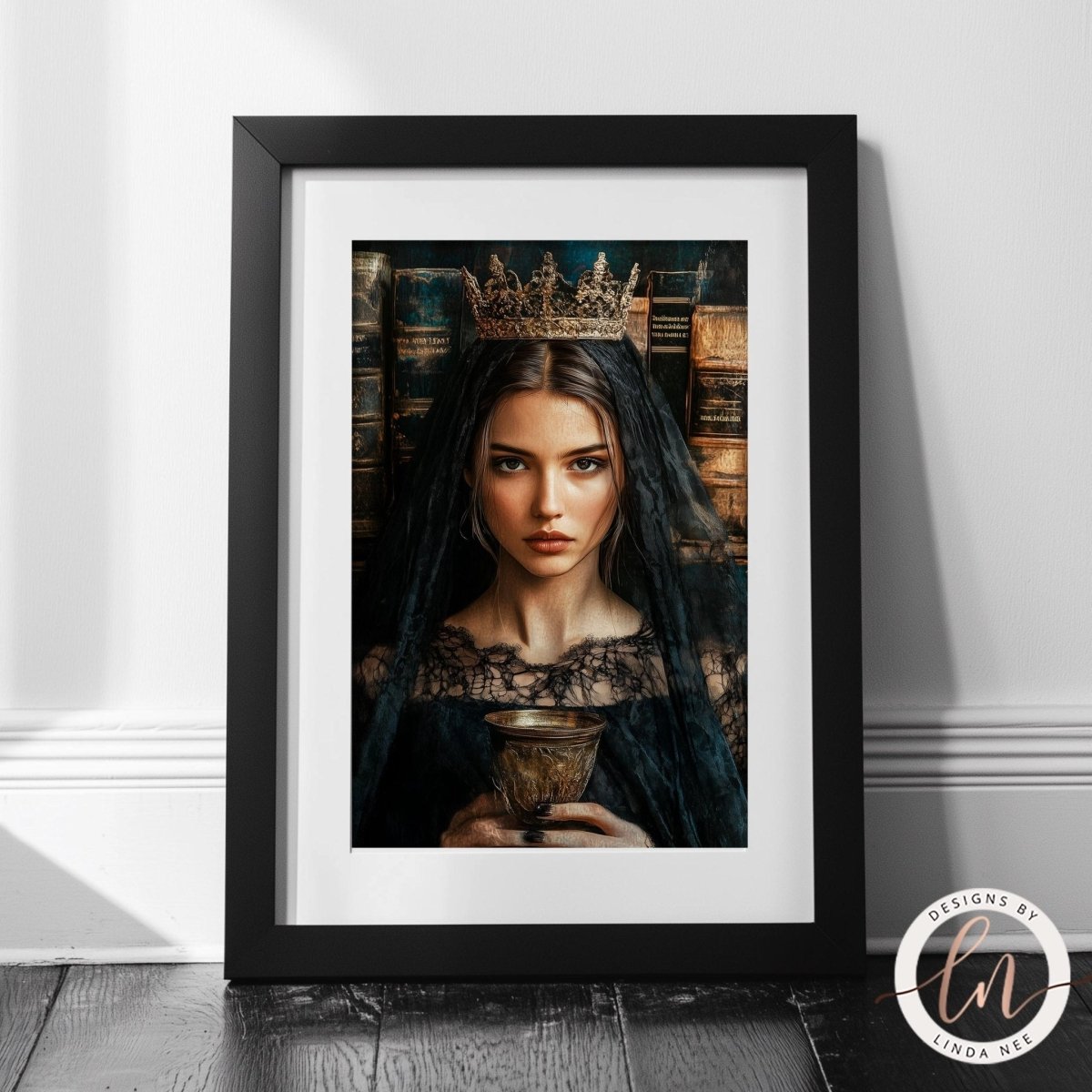Woman wearing a crown and veil holding a cup against dark bookshelves