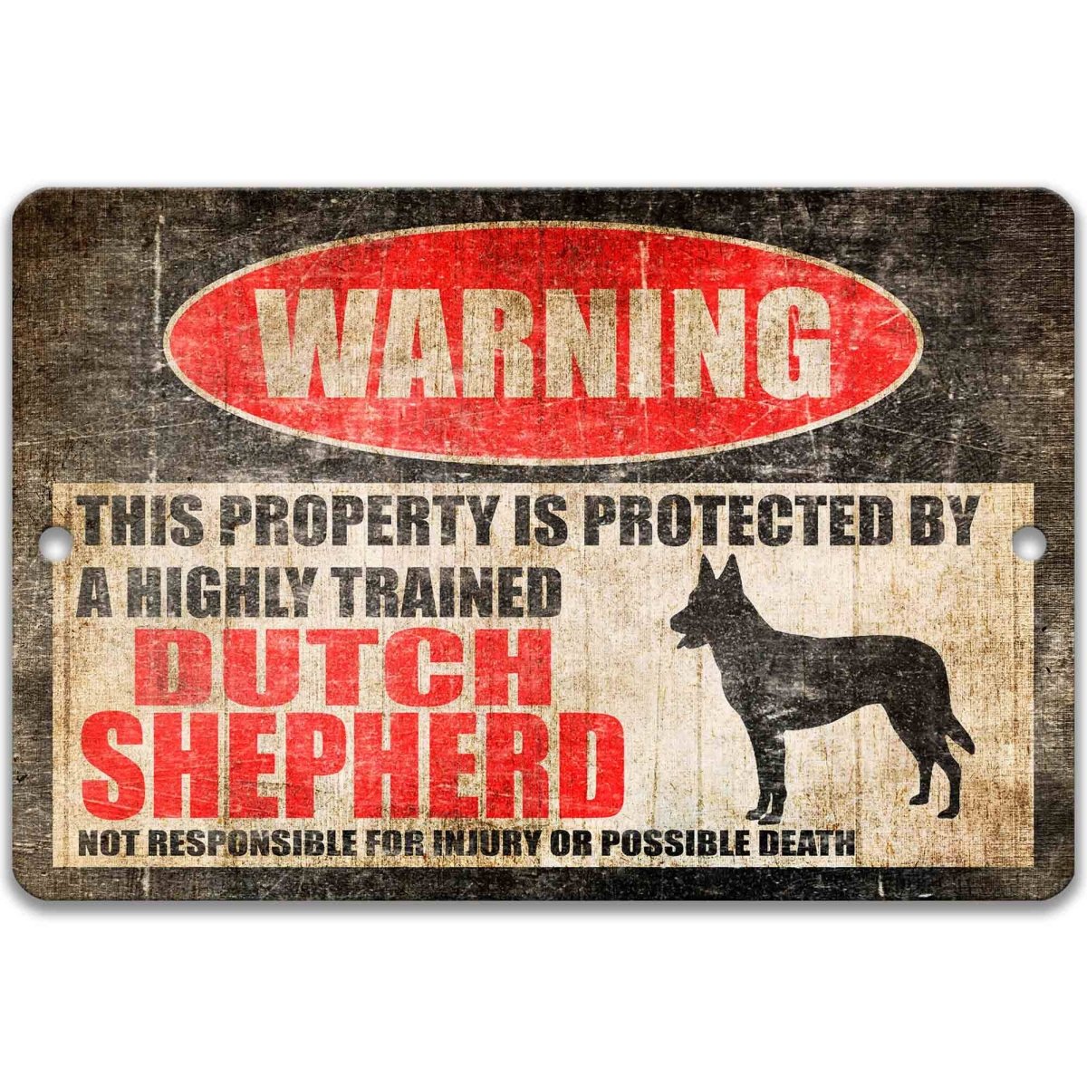 K9 security Dutch Shepherd property warning sign, distressed metal, guard dog joke with shepherd dog silhouette