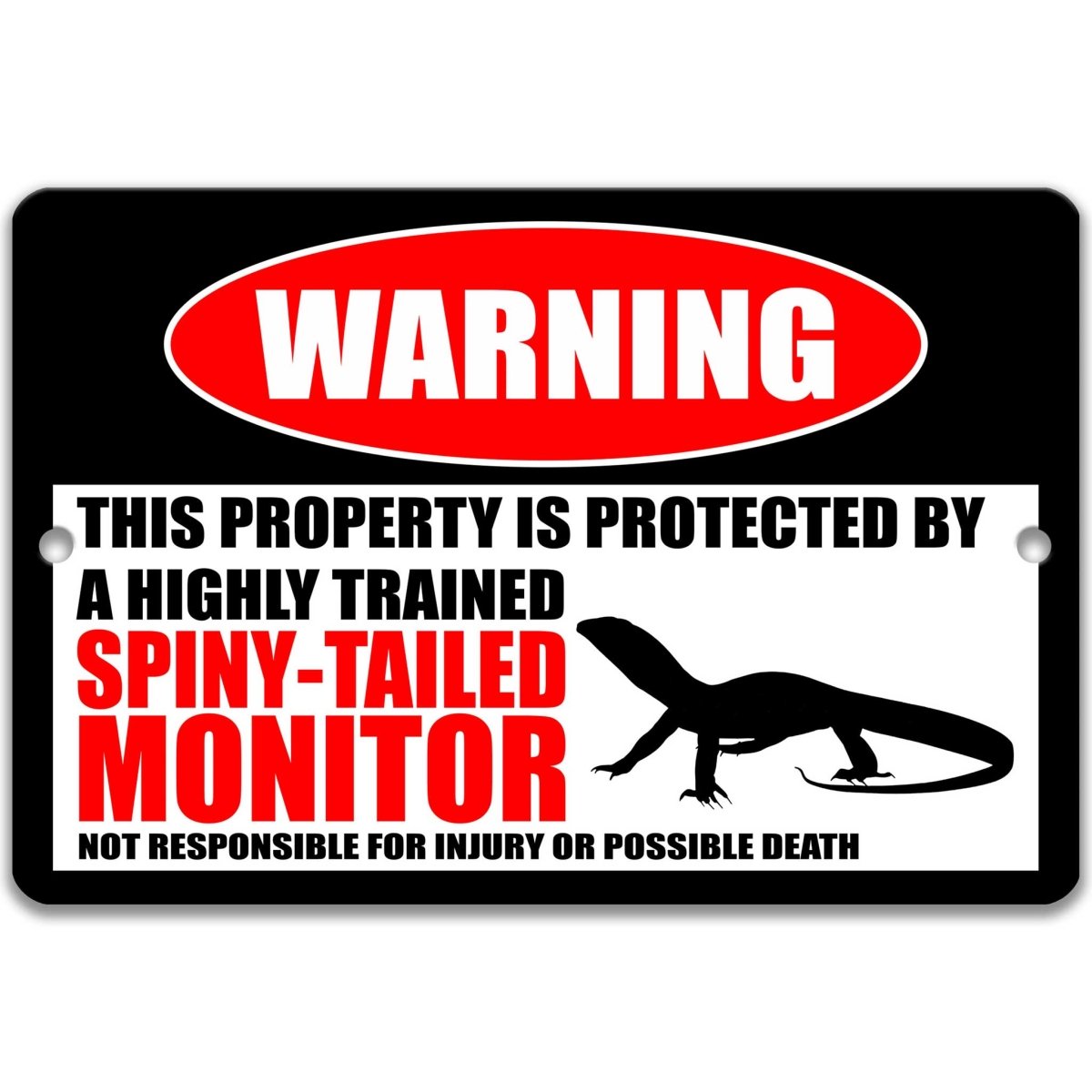 Spiny-tailed monitor lizard warning metal sign, glossy black, red WARNING oval and lizard silhouette