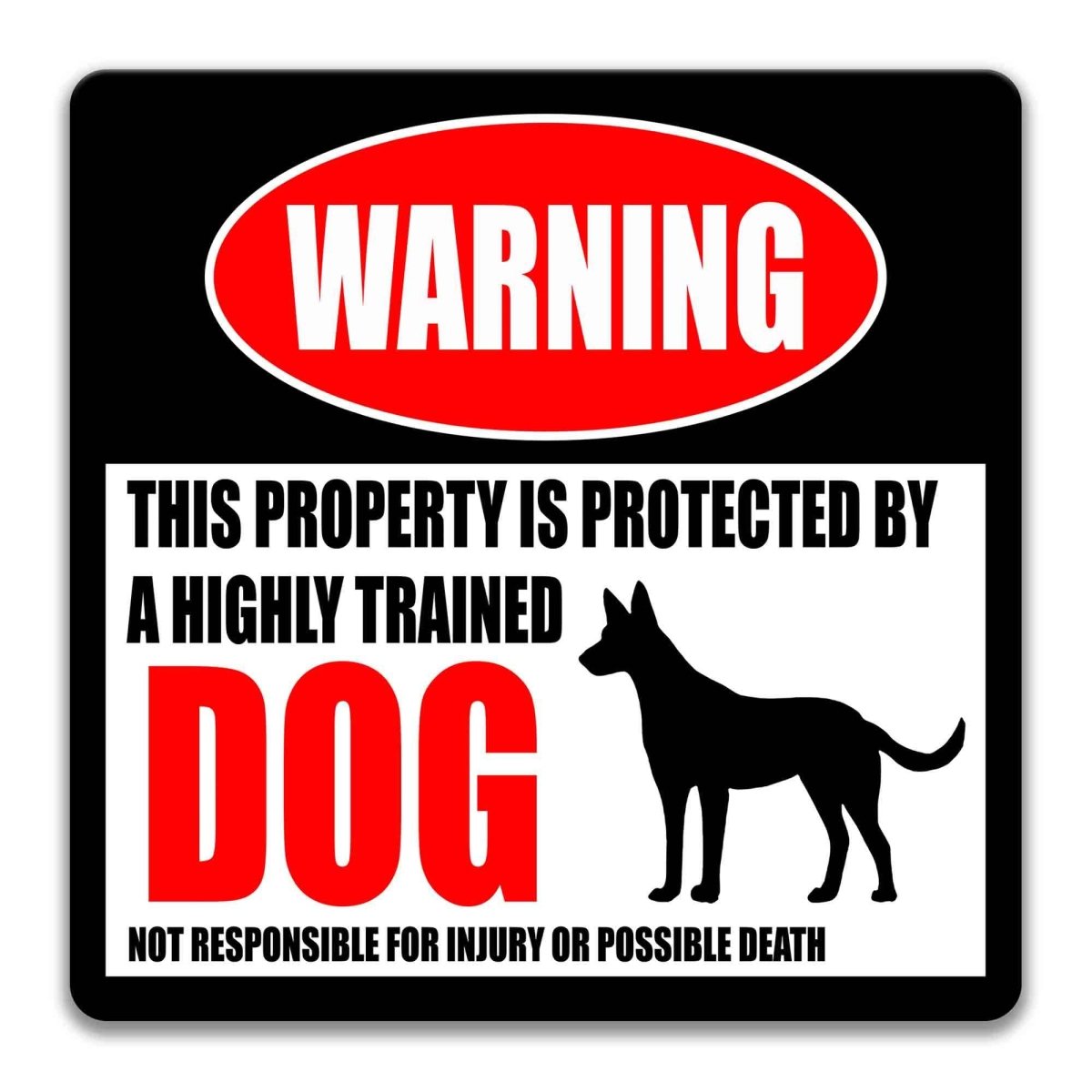 Square beware of dog warning metal sign, black background with red WARNING banner and dog silhouette