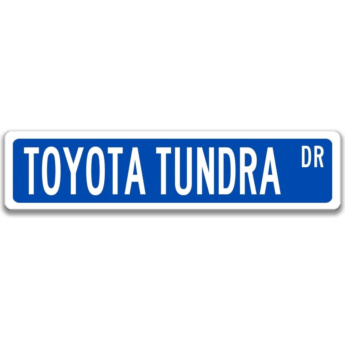 Blue street sign with white border, white text reading TOYOTA TUNDRA DR