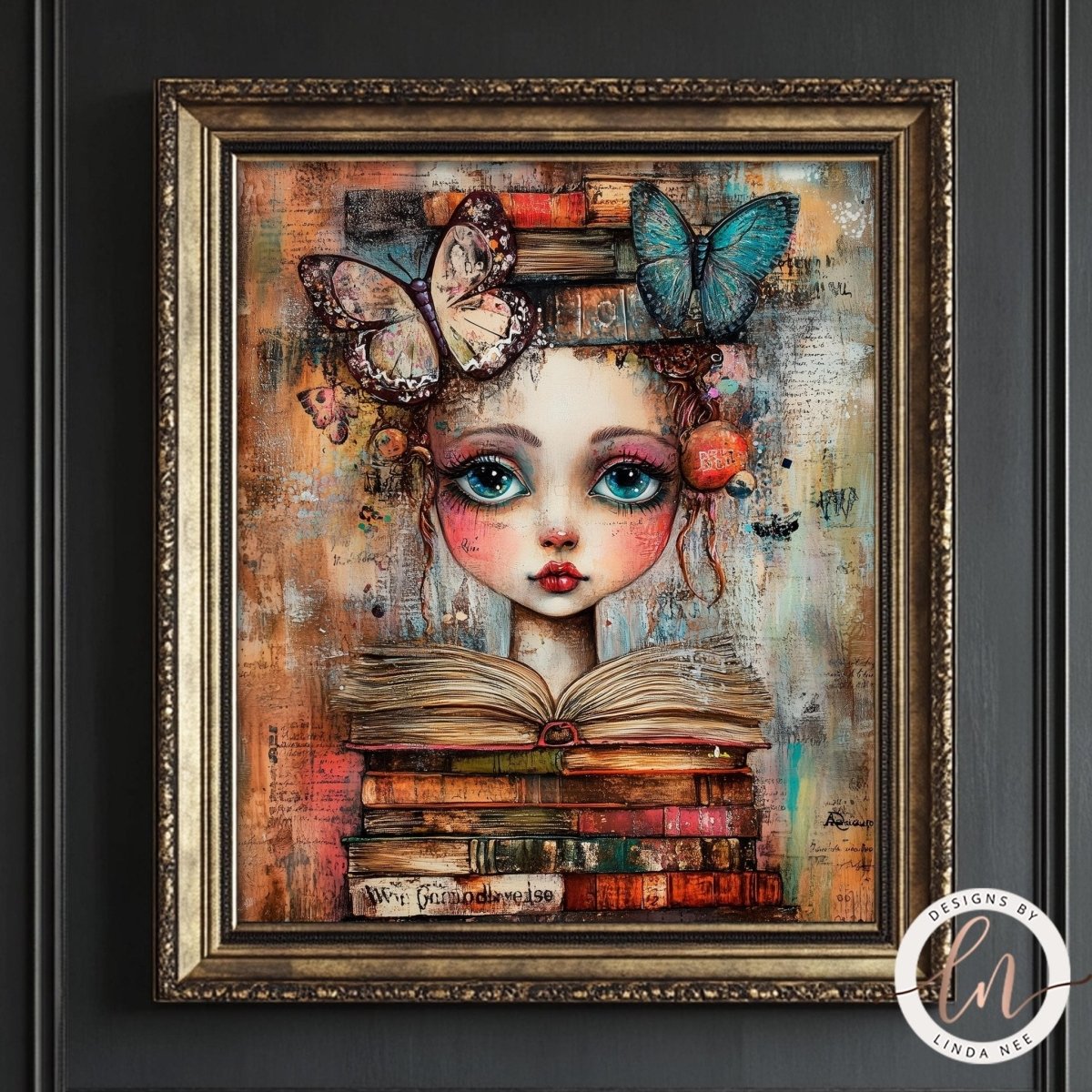 Girl with books and butterflies displayed in a whimsical frame