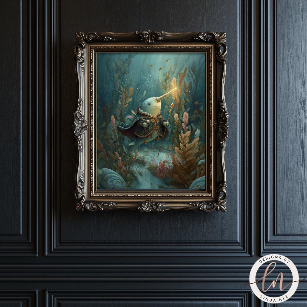 a painting of a mermaid with a long fish tail, displayed in an ornate gold frame on a dark wall.