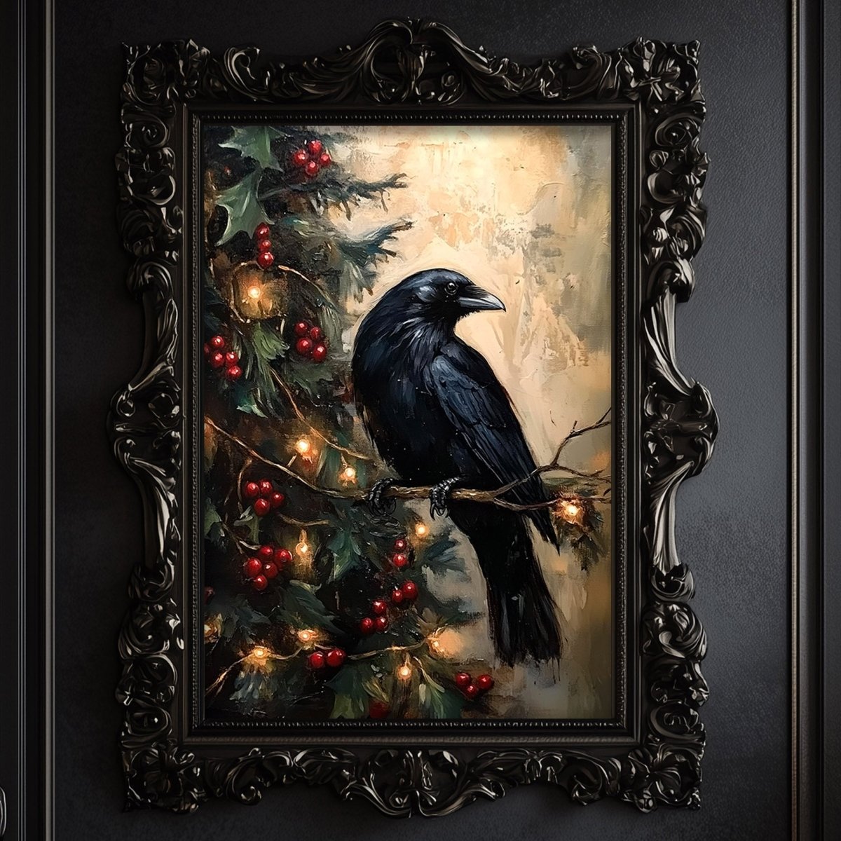 Black bird on a berry laden branch against a warm golden winter background
