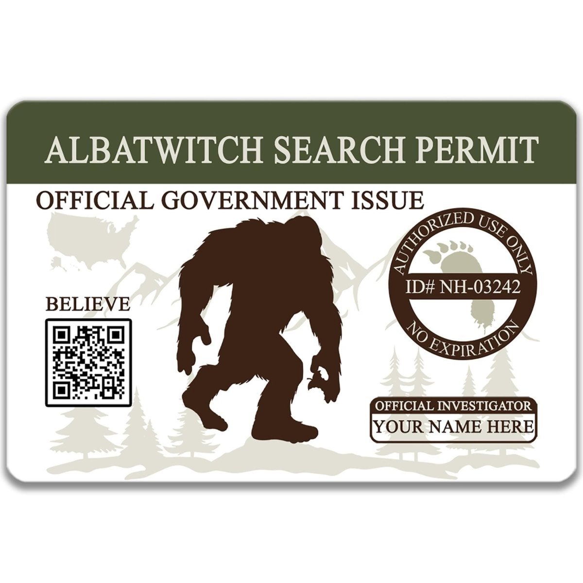 The image is a search permit for a Bigfoot sighting, featuring a silhouette of a Sasquatch and various identification and registration details.