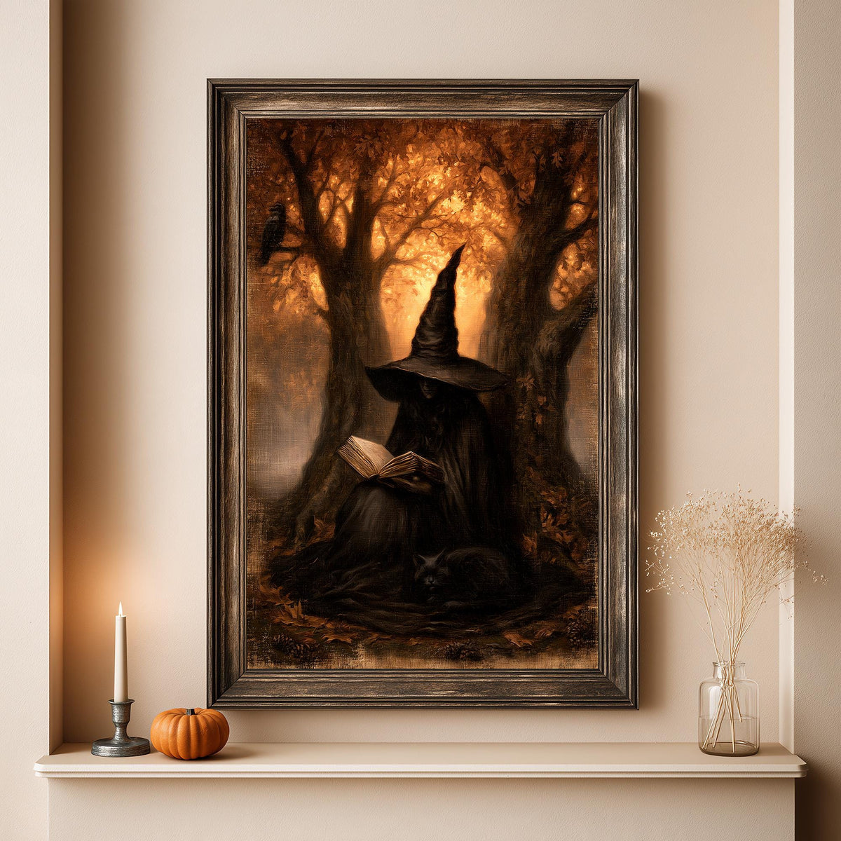 Full artwork view of the witch with her open book among the fallen leaves