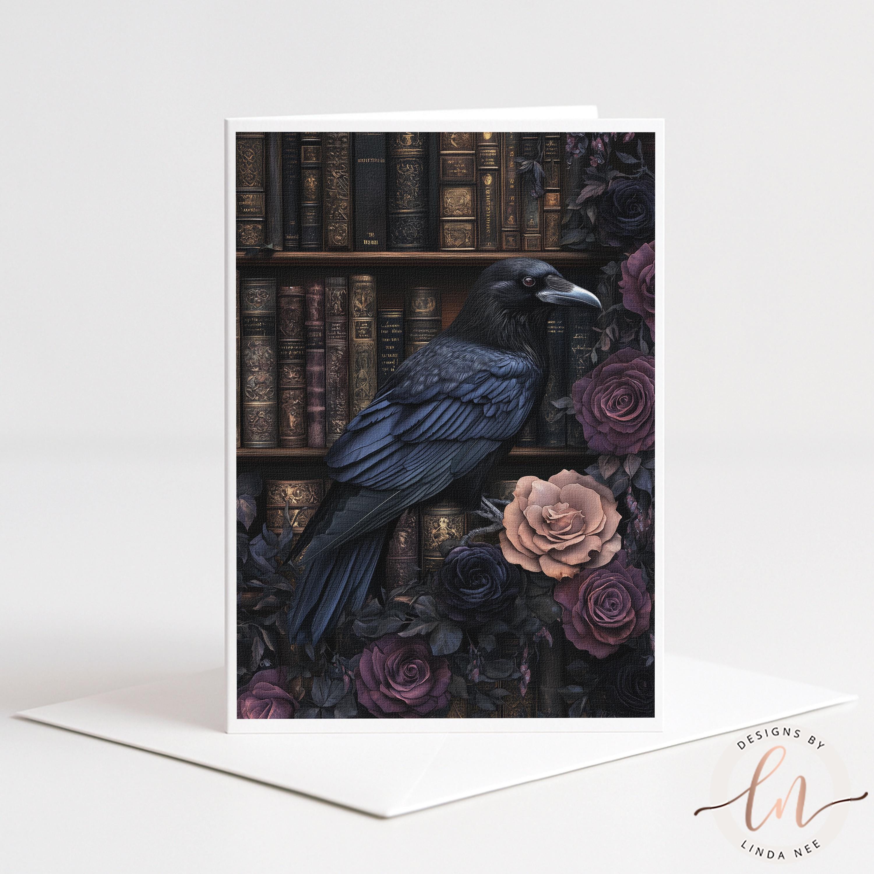 A black crow perched on a bookshelf filled with books and flowers.
