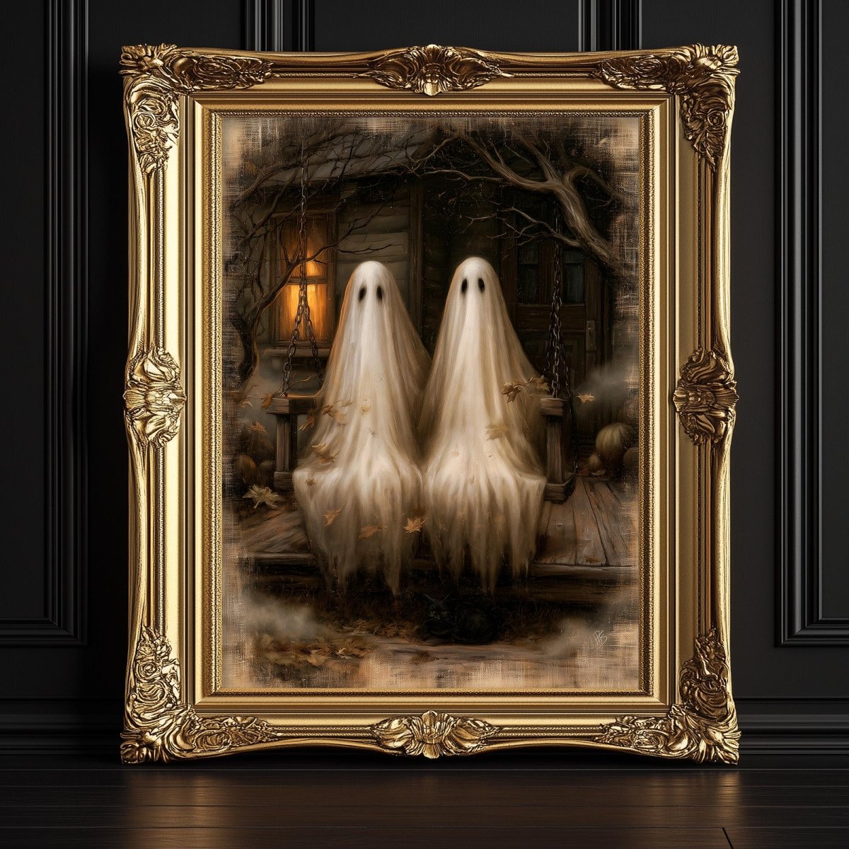 Ghost couple art print of two ghosts sitting on a porch swing in autumn mist
