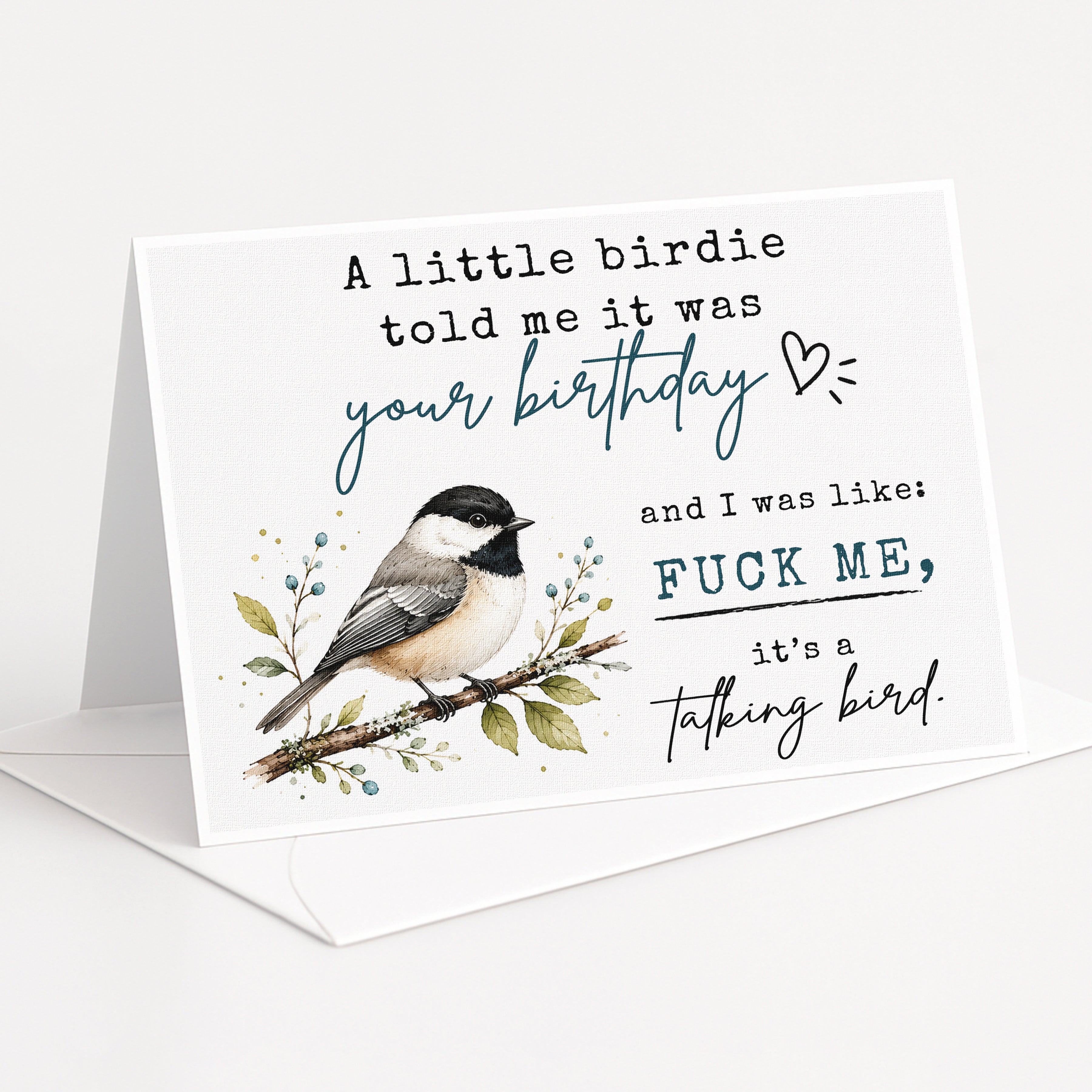 A birthday card with a bird illustration and a humorous message.