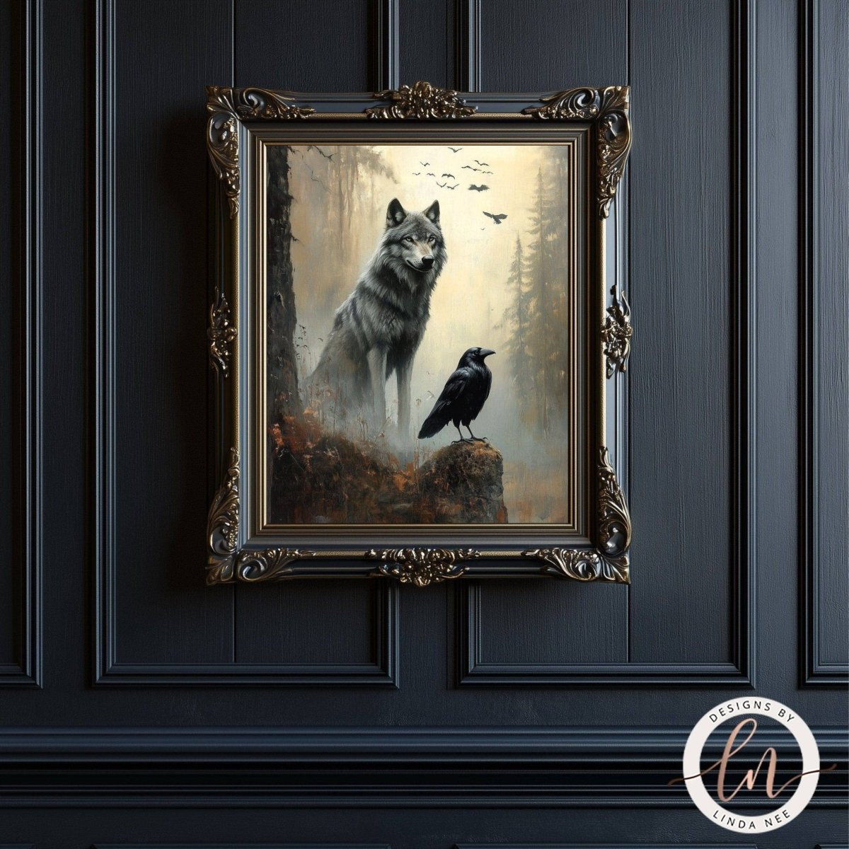 Gray wolf and raven print shown on a dark wooden wall