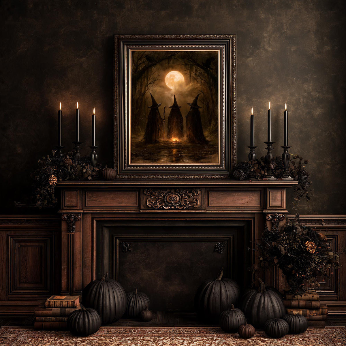Halloween mantel styled with pumpkins and candles under the three witches print