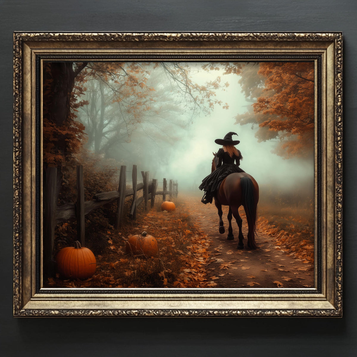 A woman in a witch's hat rides a horse down a path lined with pumpkins, surrounded by a foggy, autumnal landscape.