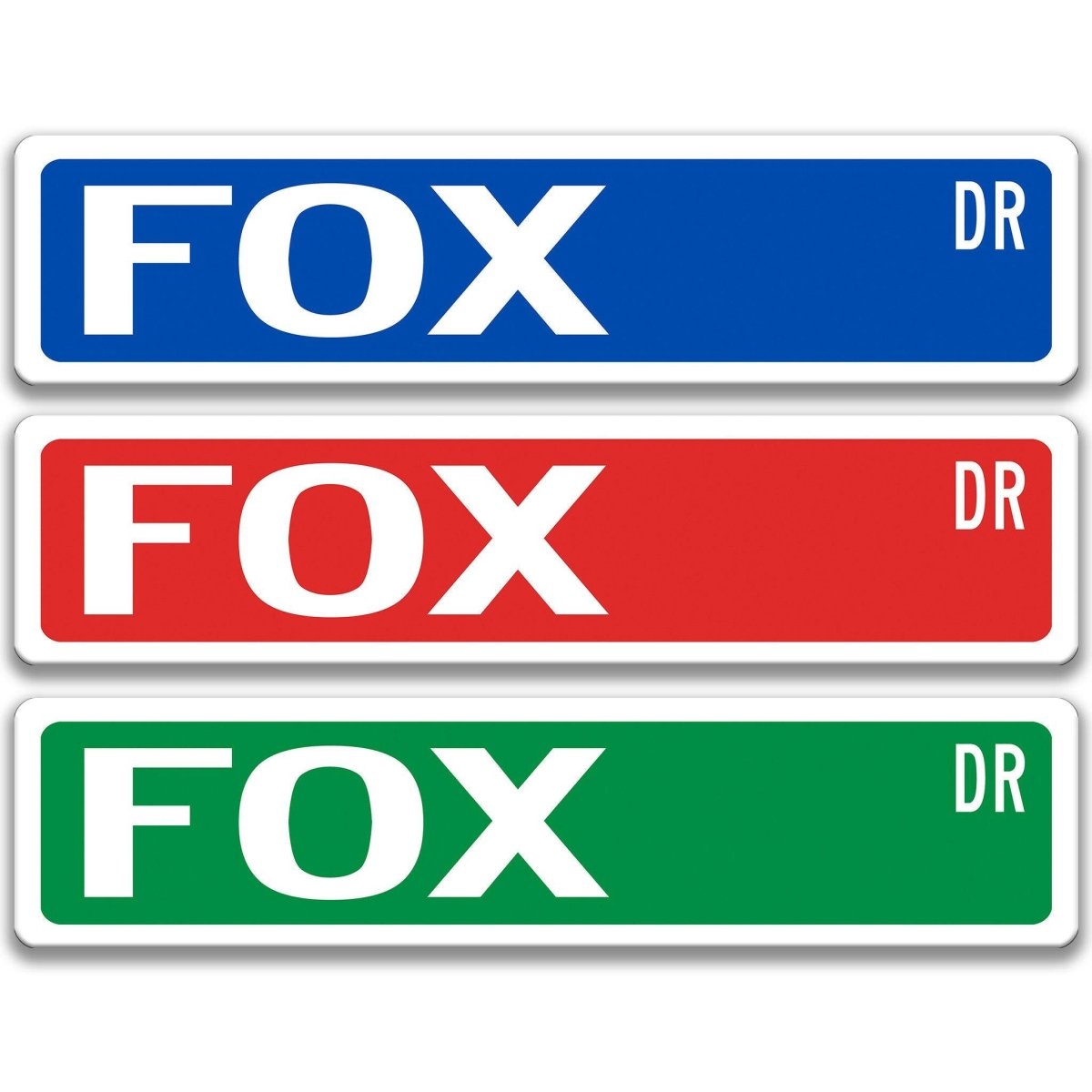 Fox metal street sign shown in red, yellow, and blue background colors