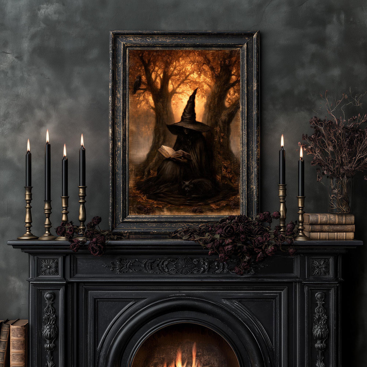 Gothic reading witch artwork displayed among candlelight and dark flowers