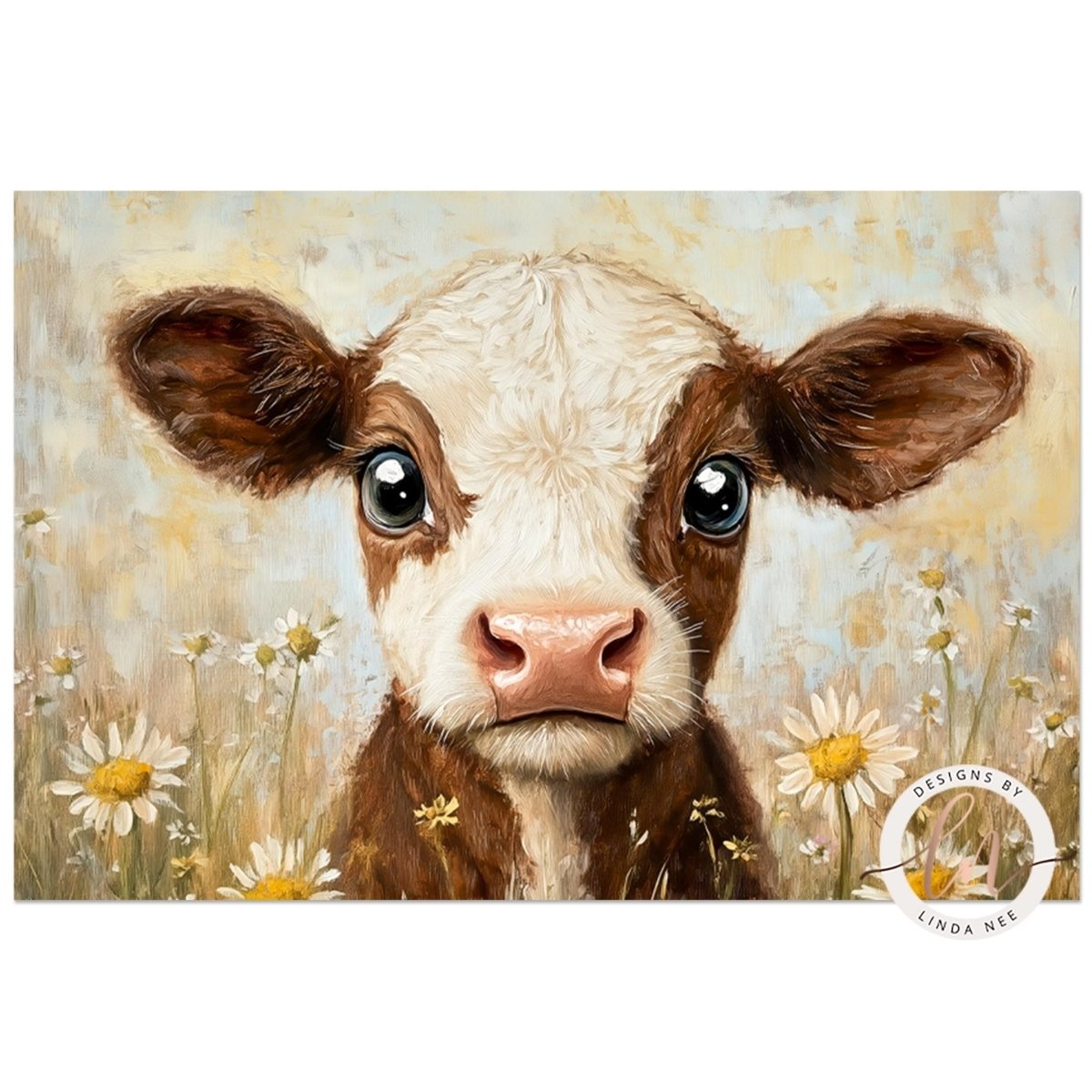 Close portrait of a baby cow with a pink nose and wildflowers