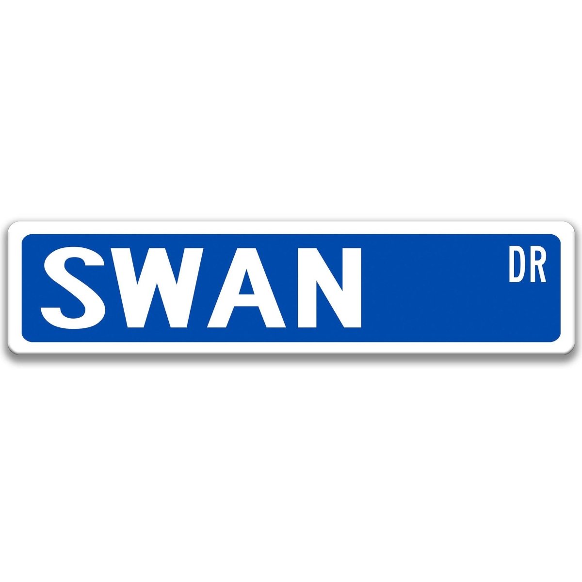 Swan metal street sign shown in three sizes, 3x12, 4x18, and 6x24 inches