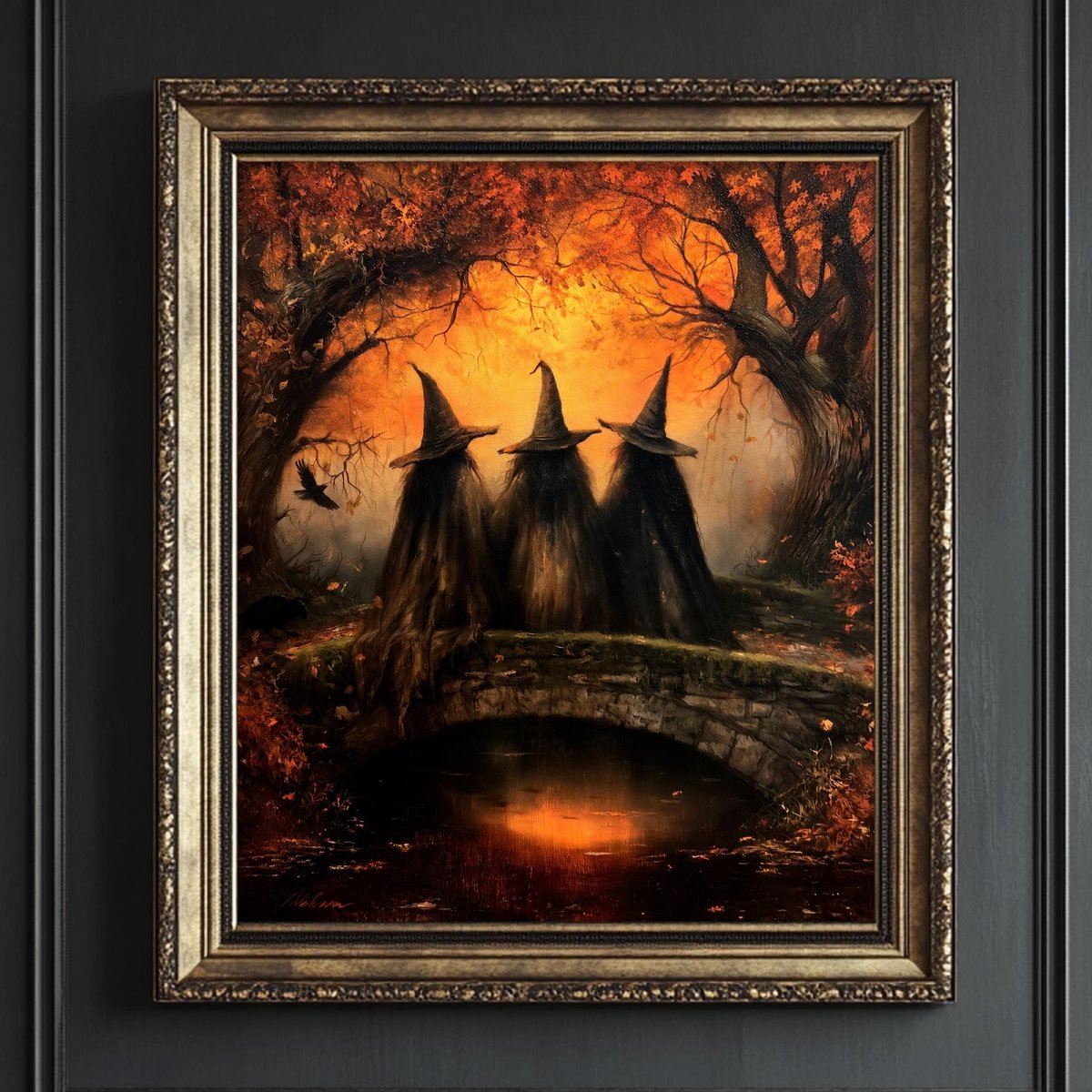Close view of three witches on a stone bridge among misty autumn trees