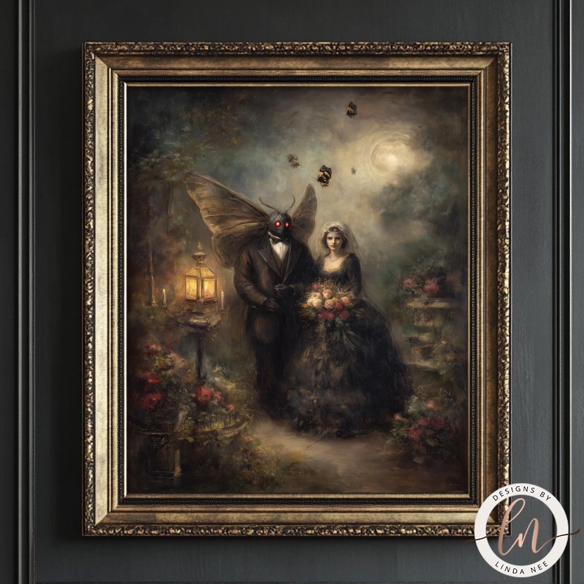 The image is a painting depicting a man and a woman in a romantic setting, with the man dressed in a suit and the woman wearing a long black dress. The painting is framed in an ornate gold frame and is displayed on a dark wall.