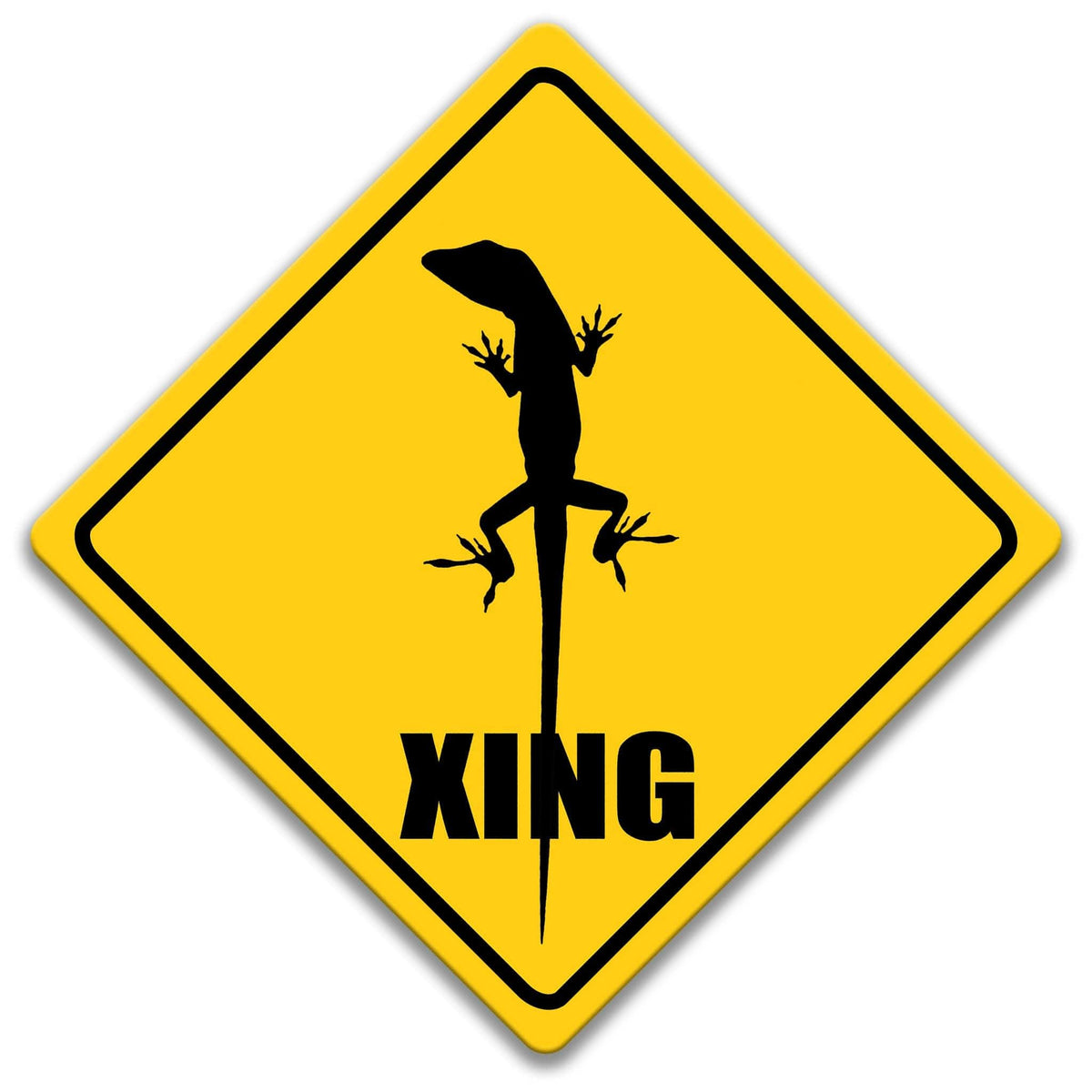 A yellow diamond-shaped road sign with a black silhouette of a lizard and the word "XING" below it.