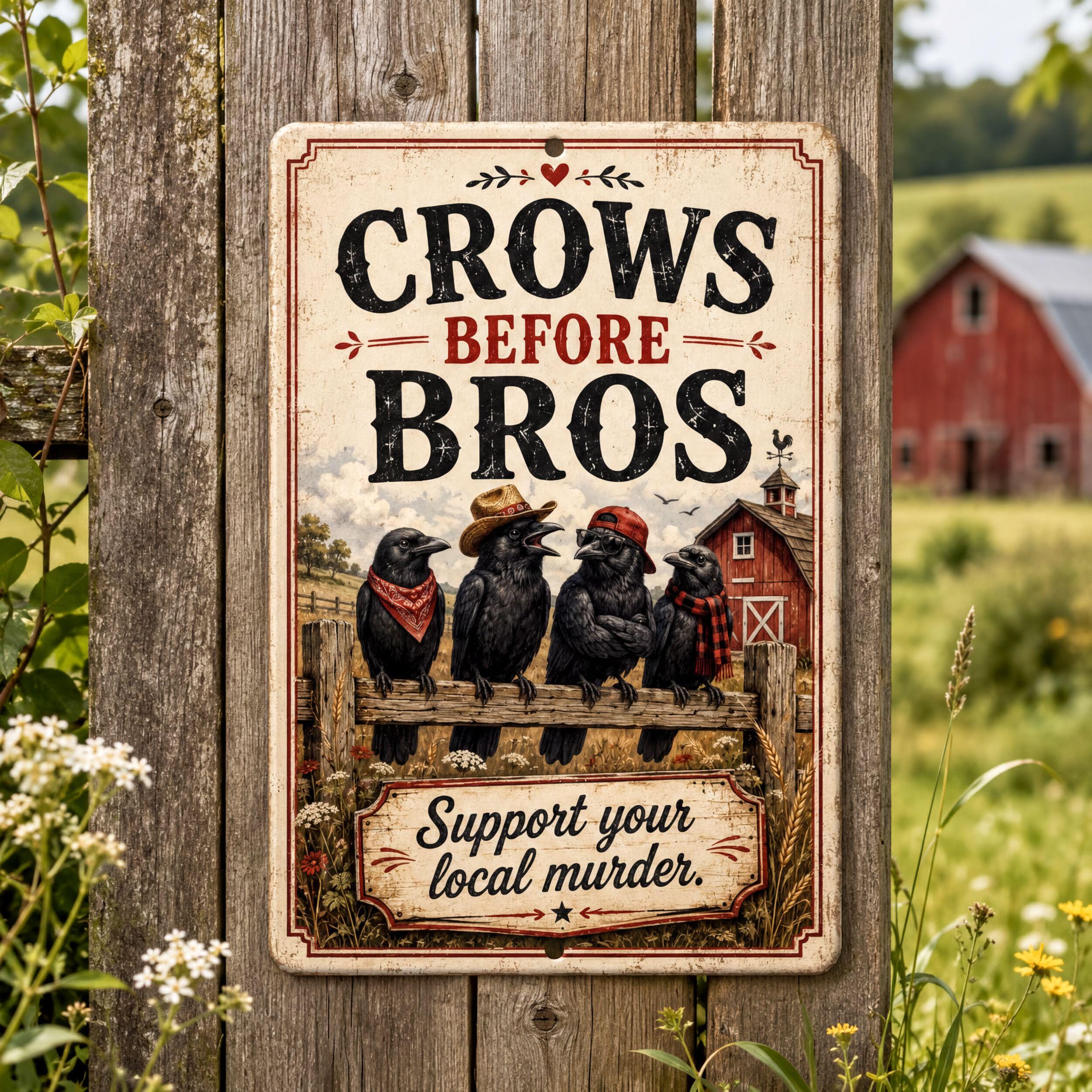 a sign with a vintage-style illustration of four black crows perched on a wooden fence, with a red barn in the background. The sign has a humorous message encouraging people to support local murder.