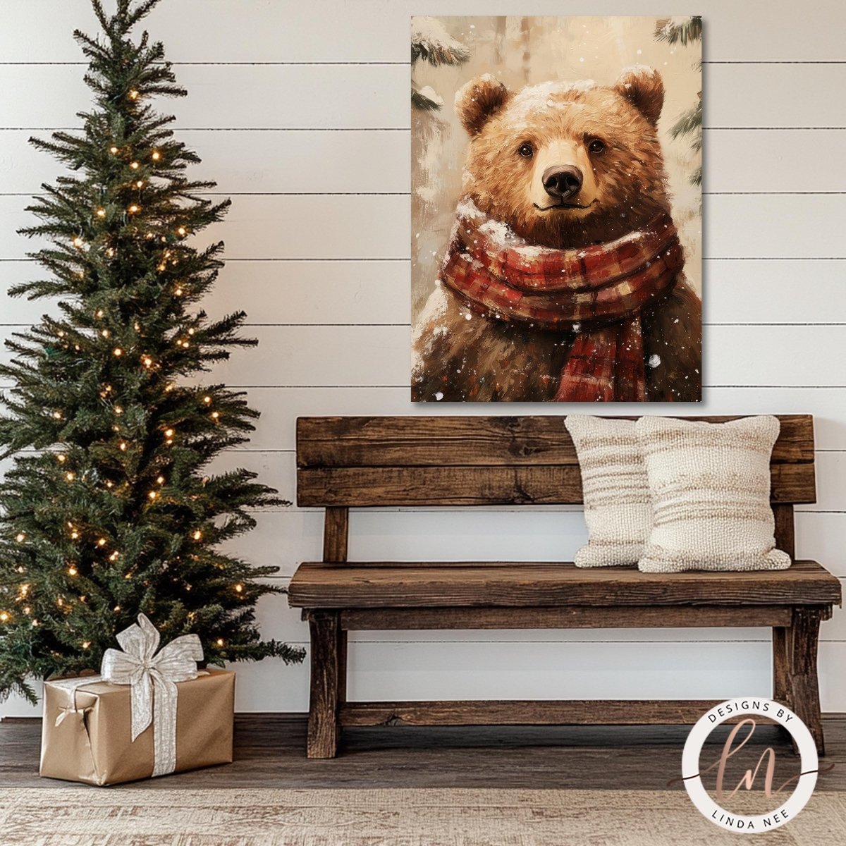a cozy Christmas scene with a wooden bench, a decorated Christmas tree, and a framed painting of a bear wearing a red scarf.