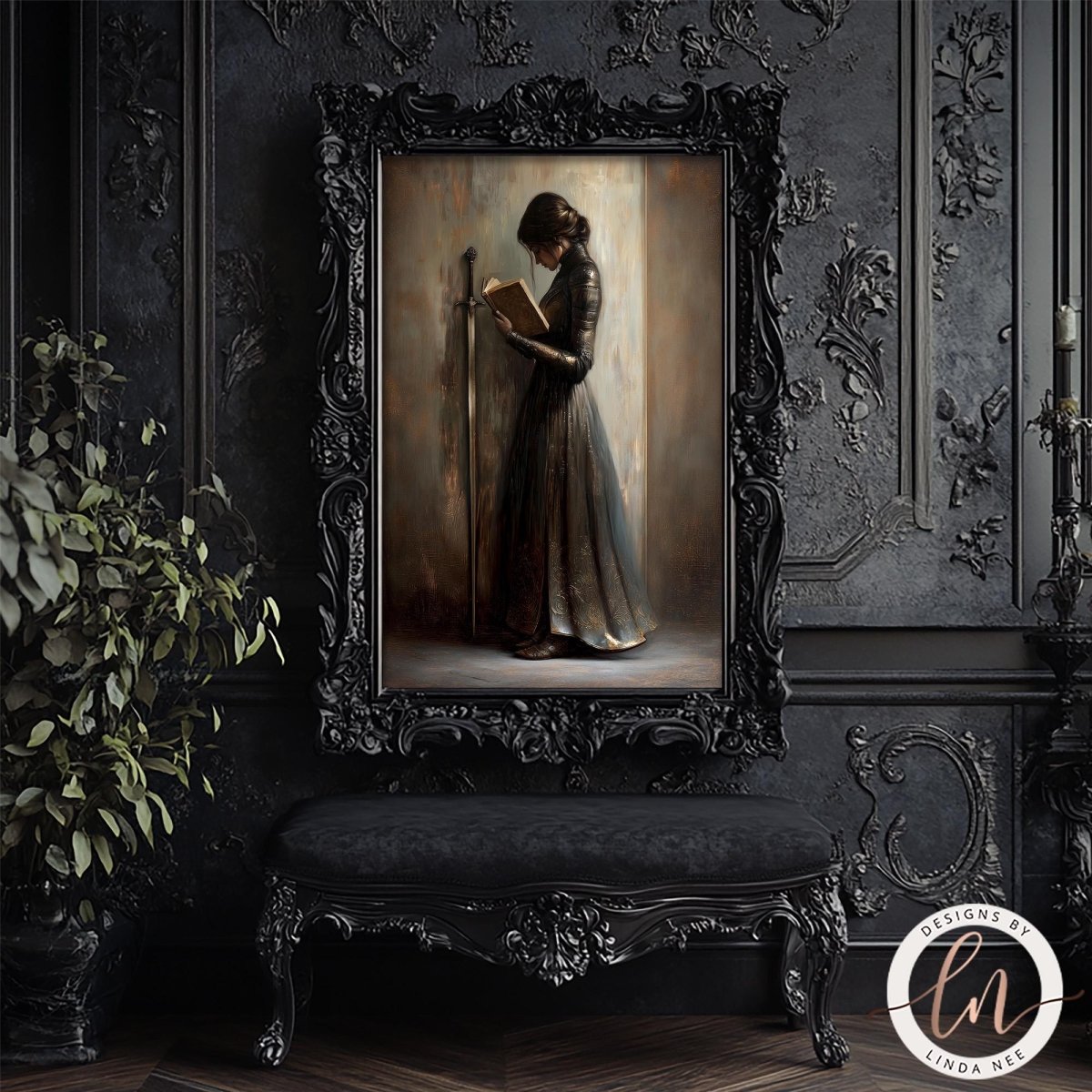 a painting of a woman in a long dress, standing in a room with a black frame and a black bench in front of her.