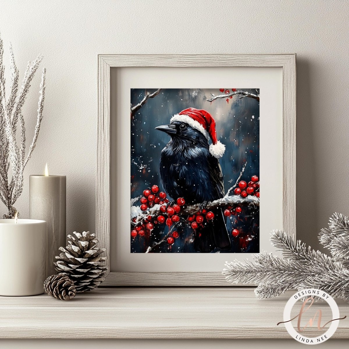 Raven in a red Santa hat on a holly branch, Christmas print shown on a shelf