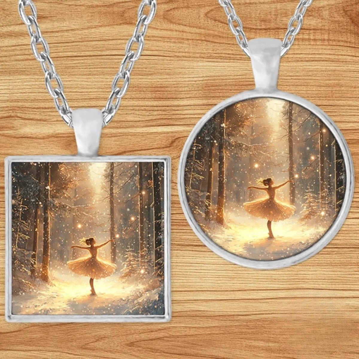 Sugar Plum Fairy Ballerina pendant necklace shown in round and square silver charm styles on a wood background