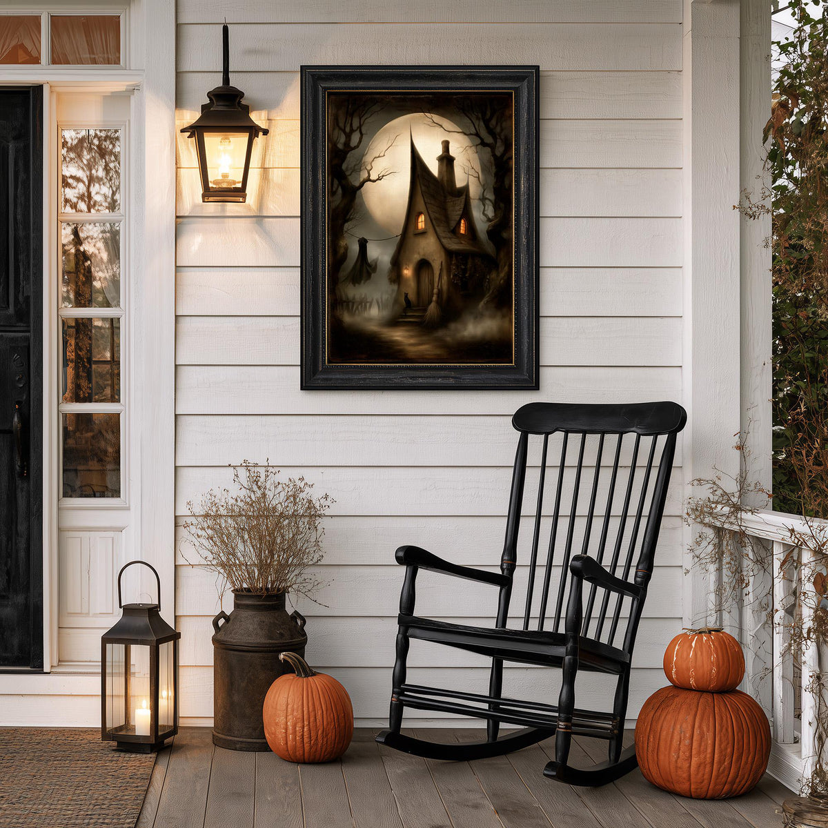 Porch with a black rocking chair, two pumpkins, a lantern, and the cottage print
