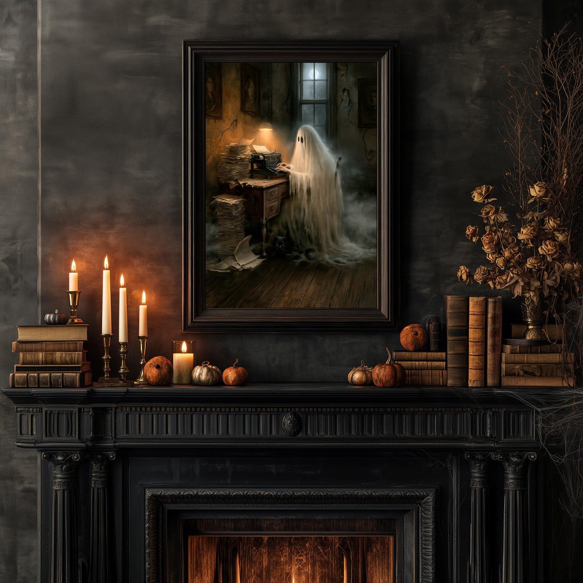 Ghost writer art print styled with books and Halloween decor
