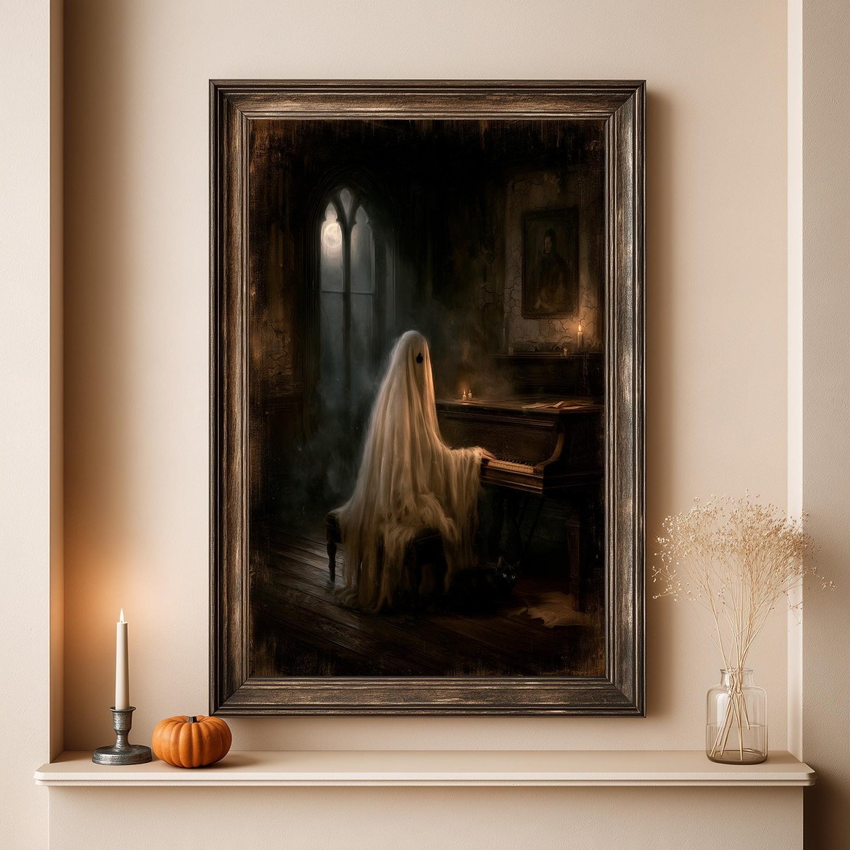 Haunted music room print above a shelf with a candle and a small pumpkin
