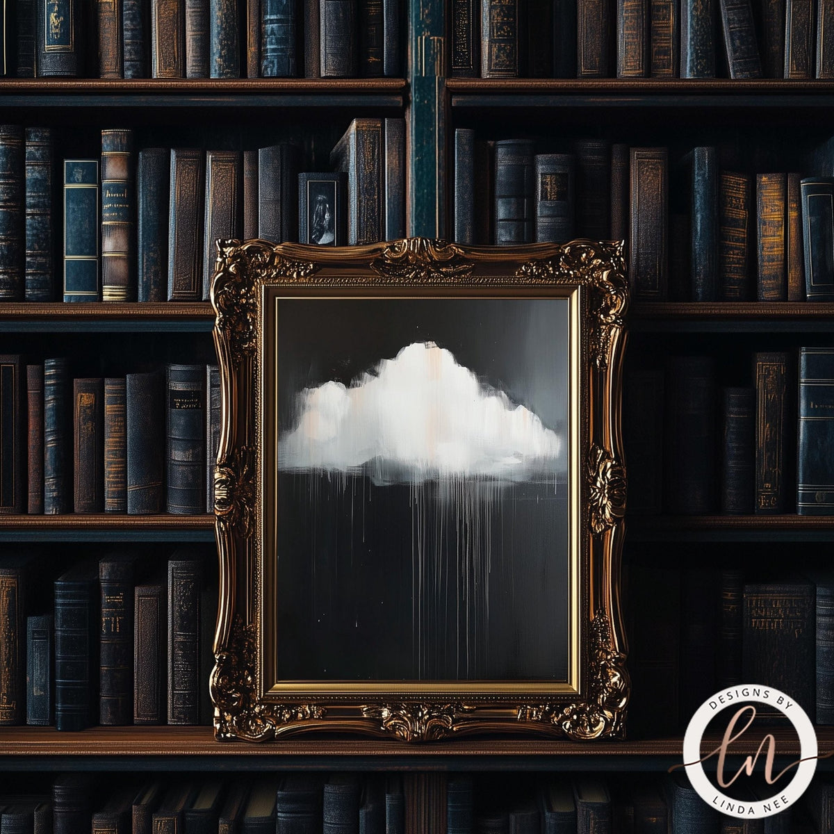 a dark, ornate black chair with a black cushion, positioned in front of a large, ornate black frame that holds a painting of a cloud. The painting is set against a dark, textured wall with intricate designs.