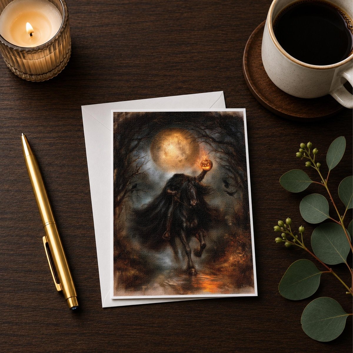 Sleepy Hollow horseman note card styled on a desk with a candle and coffee