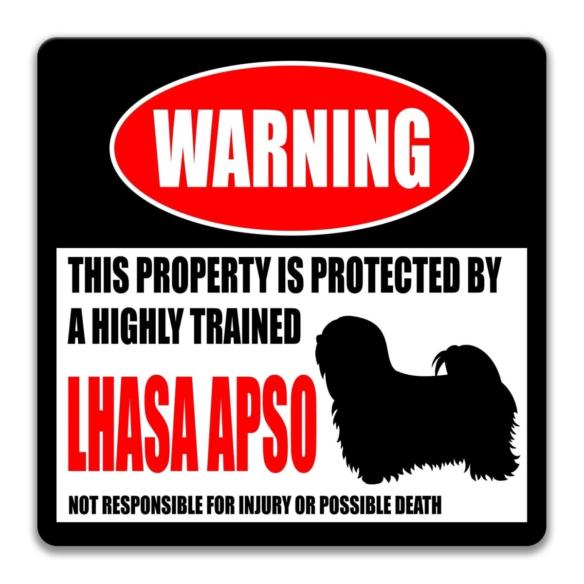 Lhasa Apso warning sign, red WARNING banner and large Lhasa Apso dog silhouette, funny Lhasa Apso lover gift, aluminum with rounded corners
