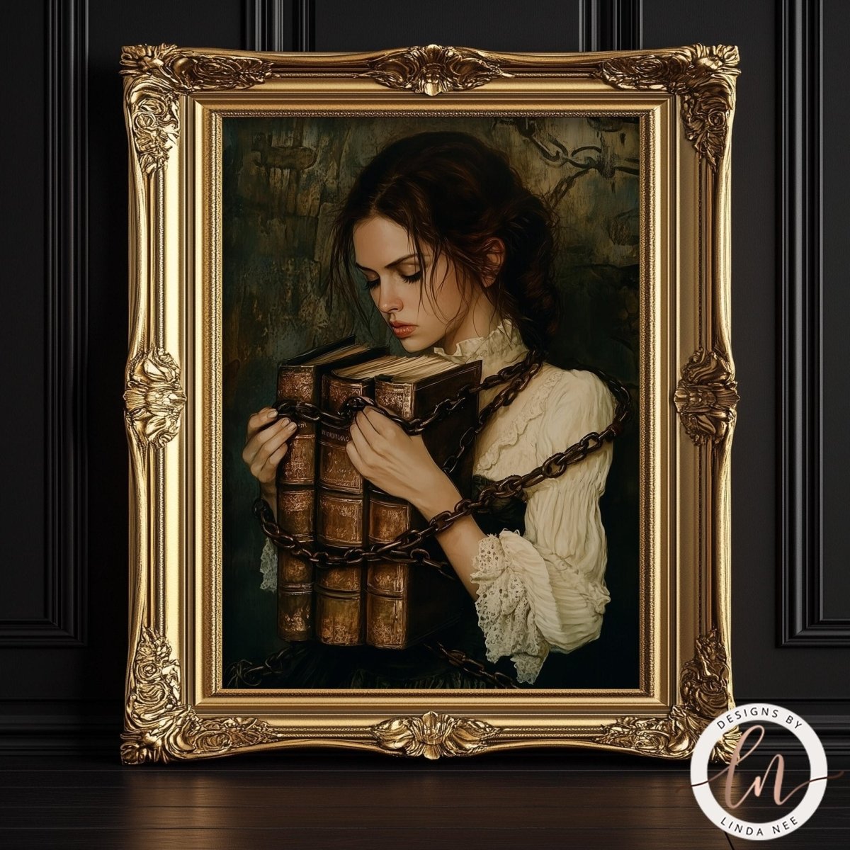 Woman in white lace dress holding books bound with heavy chains