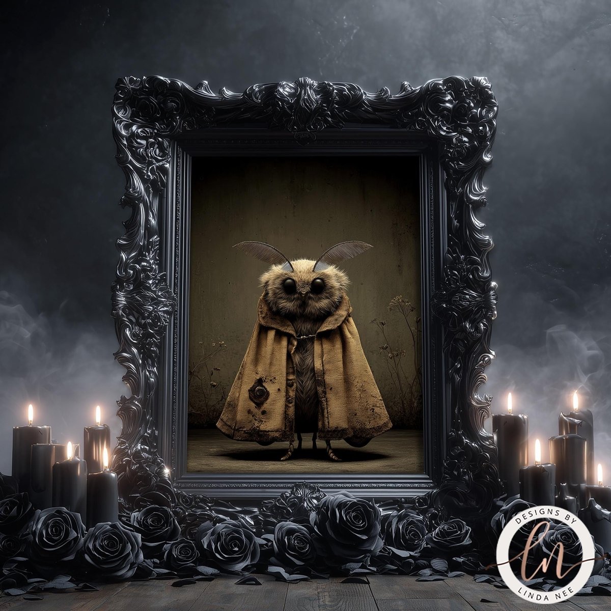 a dark, gothic-style owl wearing a brown cloak, standing in a black ornate frame with a dark background. Surrounding the owl are candles and roses, creating a mysterious and eerie atmosphere.