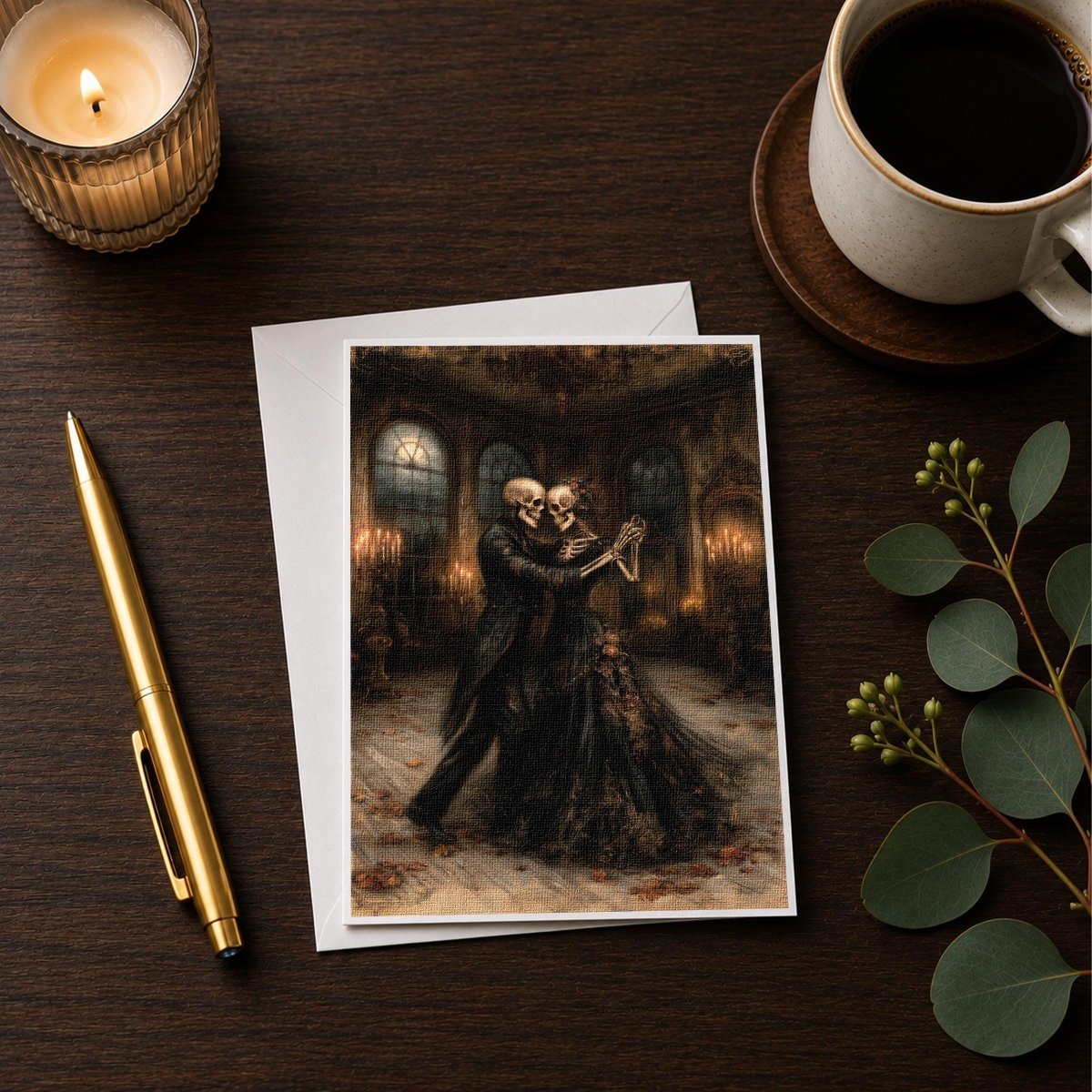 Skeleton couple Halloween note card styled with a candle, pen, and coffee cup on a wooden desk