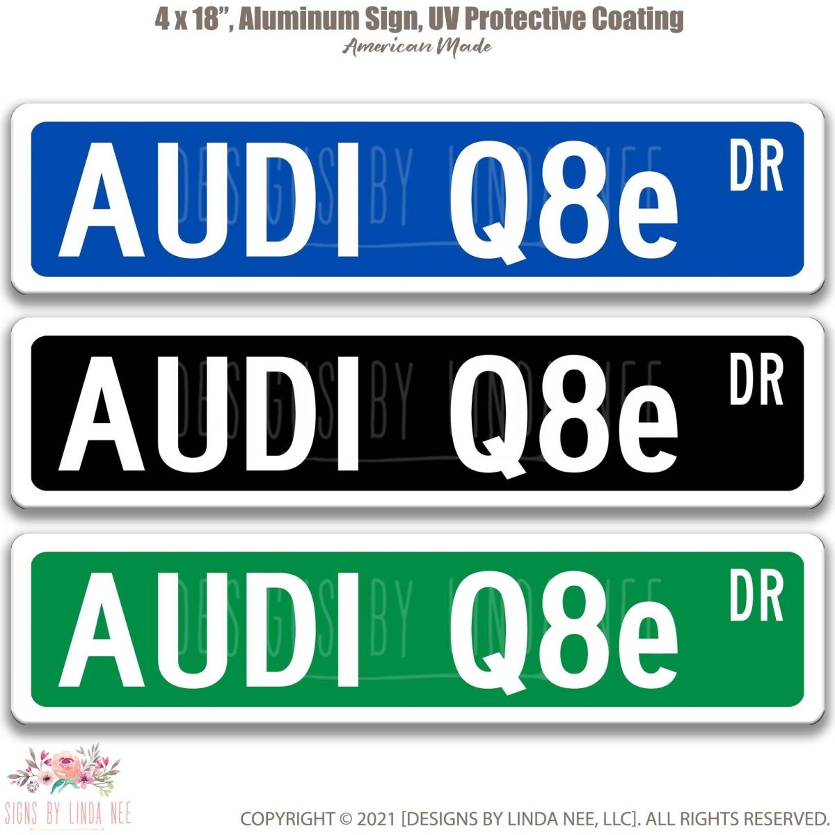 Audi Q8 e-tron DR street name sign shown in three aluminum color options