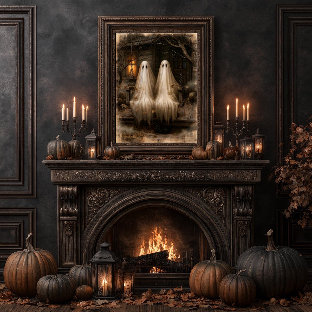 Ghost couple art print in a Halloween living room with pumpkins, lanterns, and candles